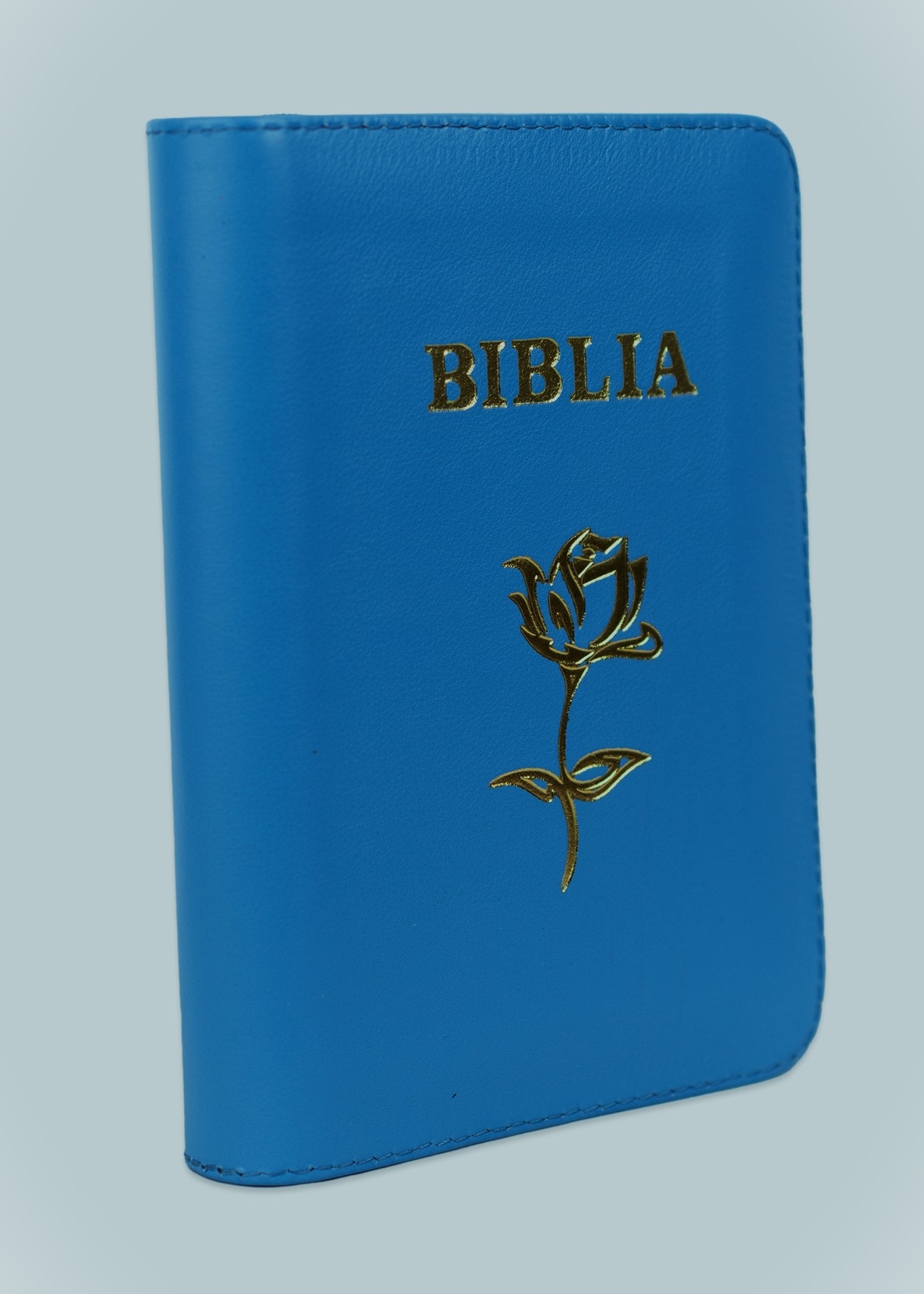 Biblia mica, coperta piele, albastru, index, fermoar, margini aurii, simbol floral, cuv. lui Isus in rosu [047 PFI]