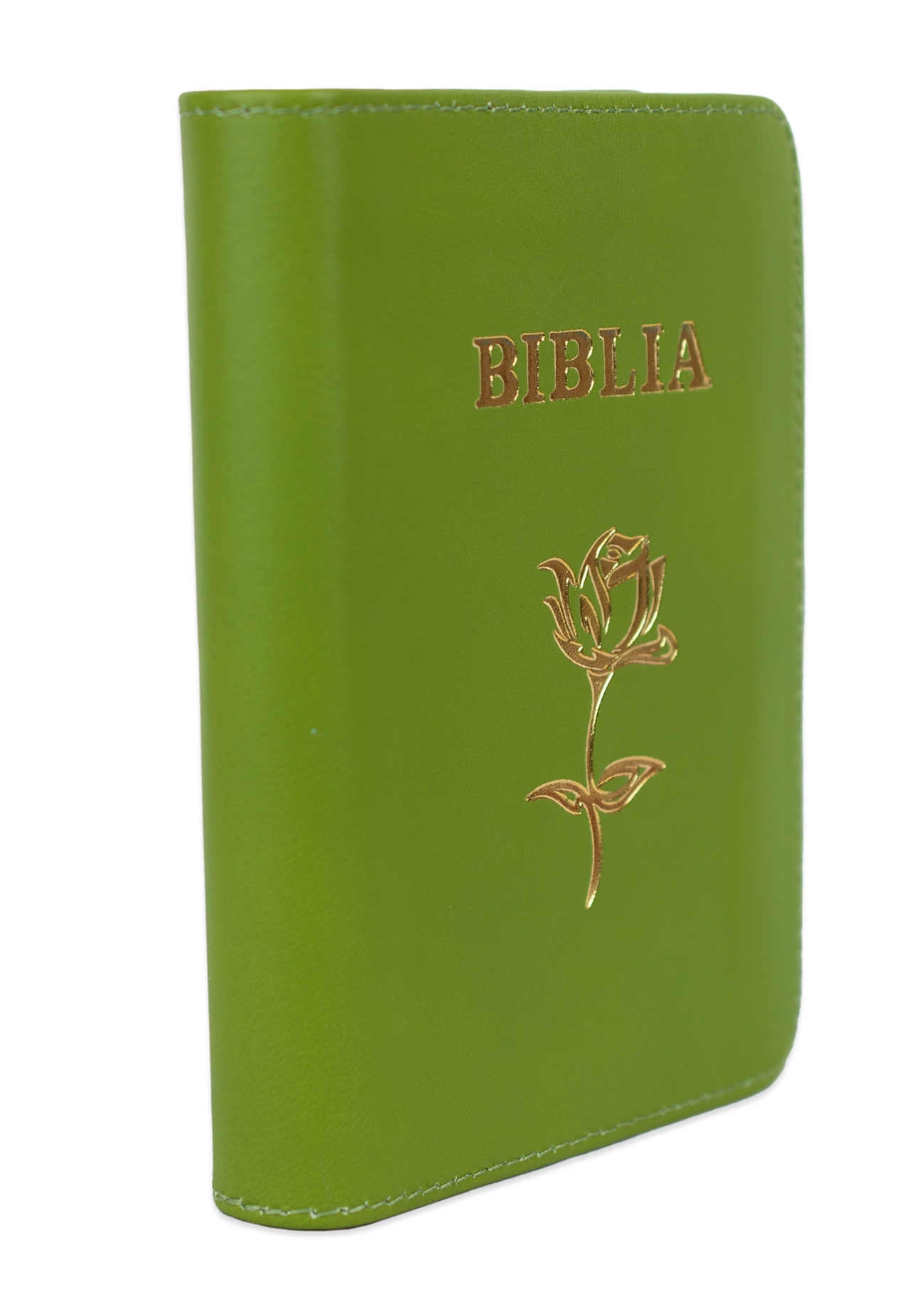 Biblia mica, coperta piele, verde oliv, index, fermoar, margini aurii, simbol floral, cuv. lui Isus in rosu [047 PFI]