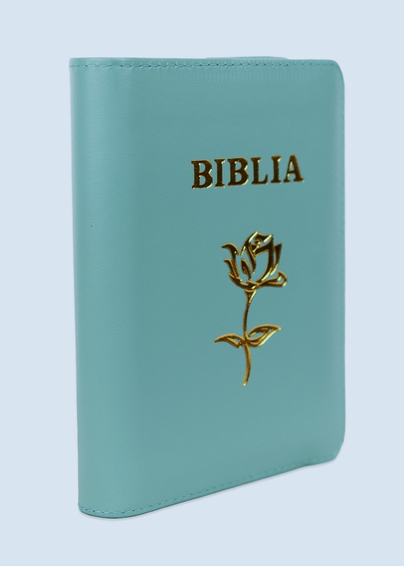 Biblia mica, coperta piele, turcoaz, index, fermoar, margini aurii, simbol floral, cuv. lui Isus in rosu [047 PFI]
