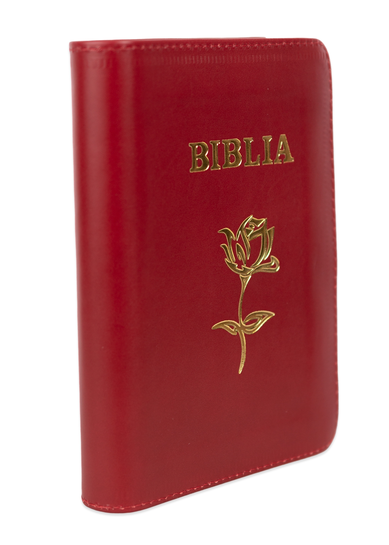 Biblia mica, coperta piele, roșu închis, index, fermoar, margini aurii, simbol floral, cuv. lui Isus in rosu [047 PFI]