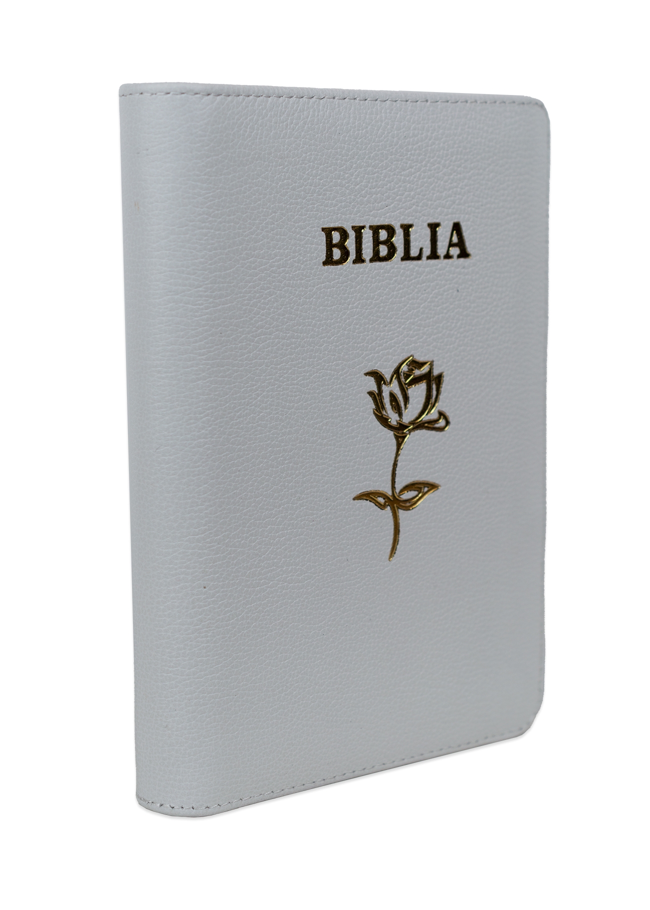 Biblie din piele, marime medie, culoare, albă, simbol floral, fermoar, index, margini aurii, cuv. lui Isus cu rosu [SB 057 PFI]