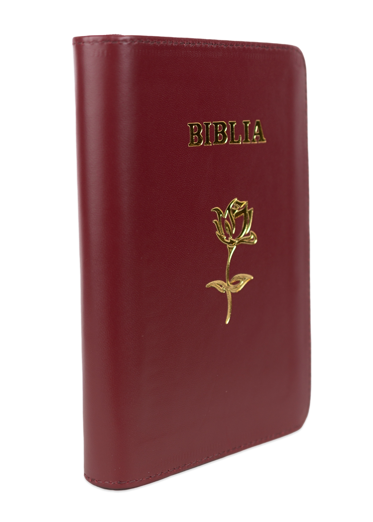 Biblie din piele, marime medie, culoare, vișiniu închis, simbol floral, fermoar, index, margini aurii, cuv. lui Isus cu rosu [SB 057 PFI]
