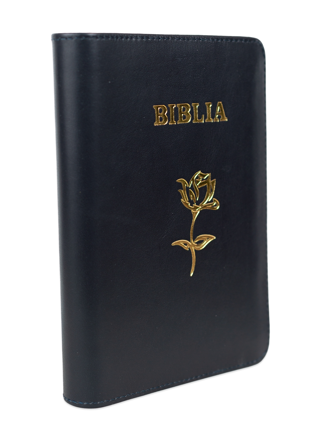 Biblie din piele, marime medie, culoare, bleumarin închis, simbol floral, fermoar, index, margini aurii, cuv. lui Isus cu rosu [SB 057 PFI]