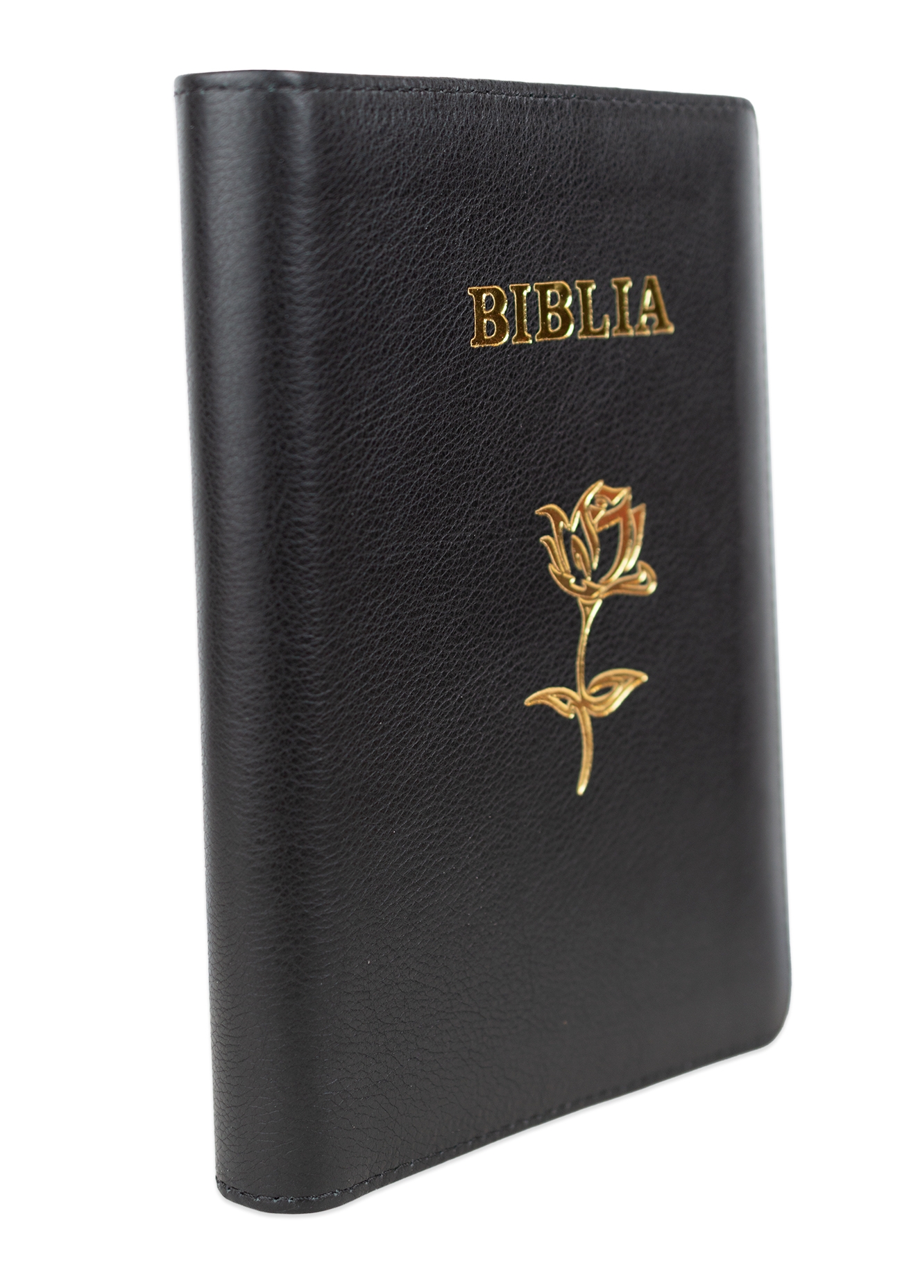 Biblie din piele, marime medie, culoare, neagră, simbol floral, fermoar, index, margini aurii, cuv. lui Isus cu rosu [SB 057 PFI]