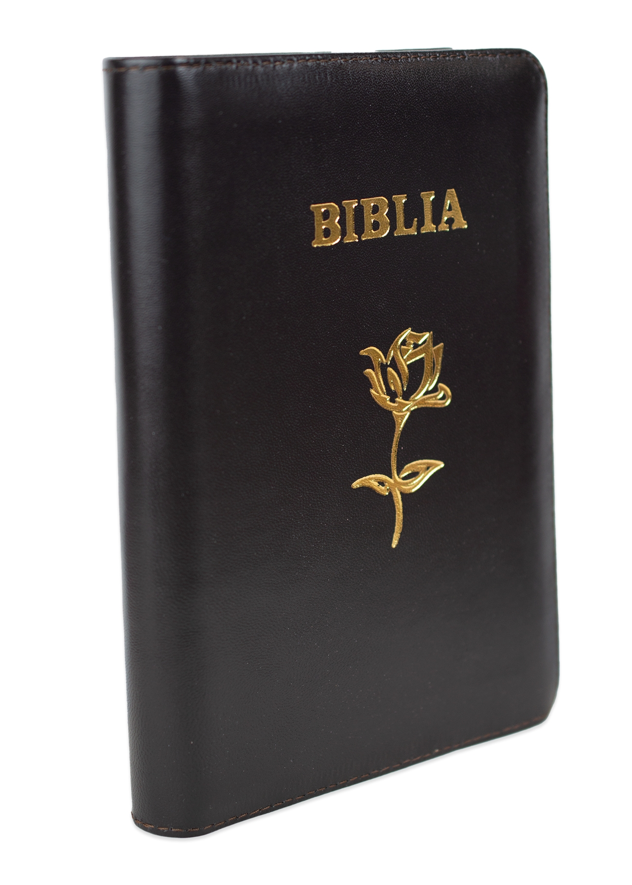 Biblie din piele, marime medie, culoare, maro închis, simbol floral, fermoar, index, margini aurii, cuv. lui Isus cu rosu [SB 057 PFI]