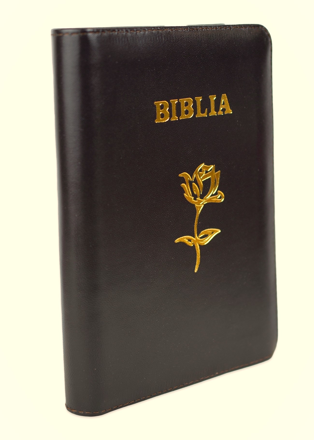 Biblia mica, coperta piele, maro, index, fermoar, margini aurii, simbol floral, cuv. lui Isus in rosu [047 PFI]