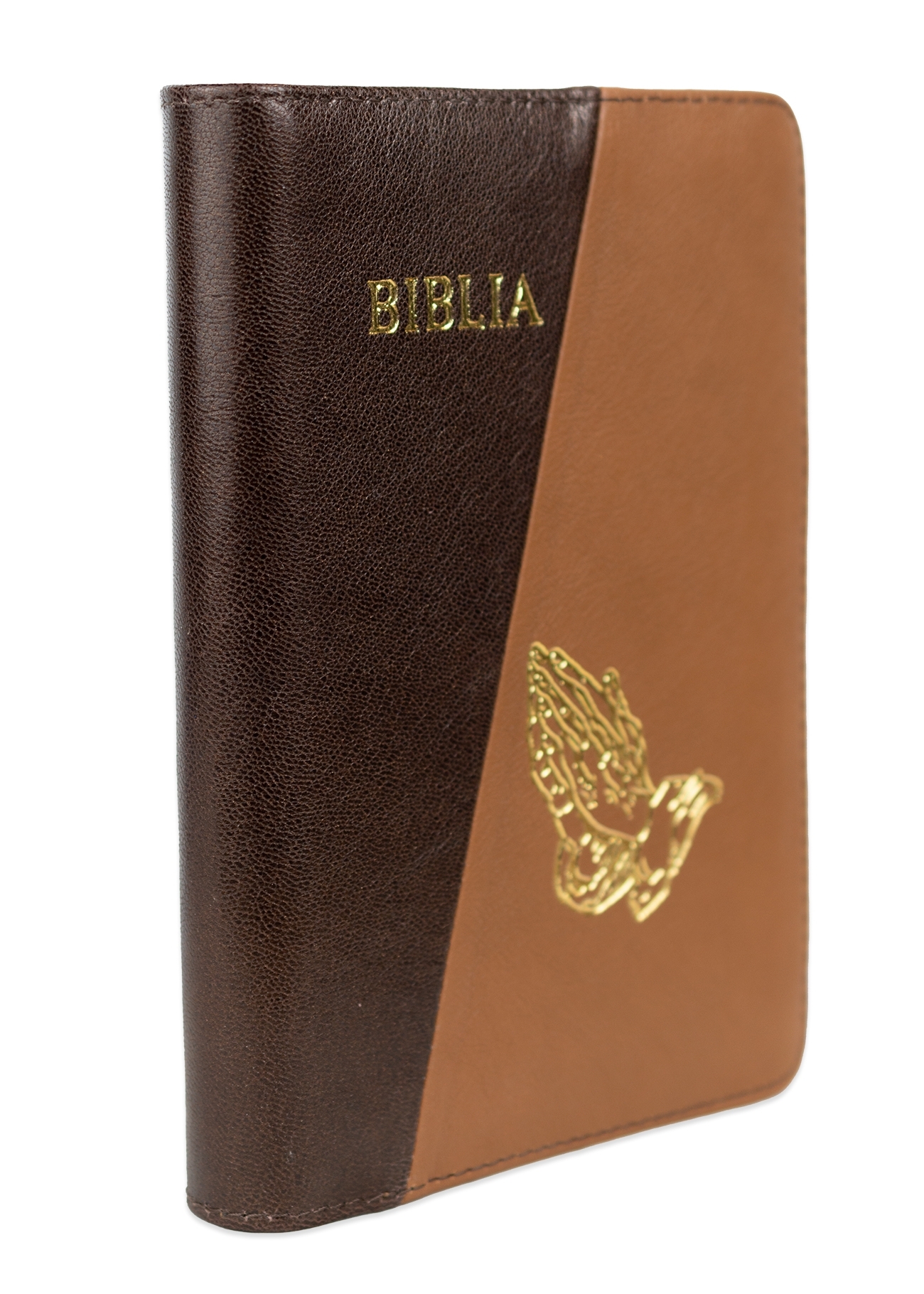Biblie din piele, marime medie, culoare, maro închis cu maro deschis, fermoar, margini albe, simbol maini in rugaciune, cuv. lui Isus cu rosu [053]