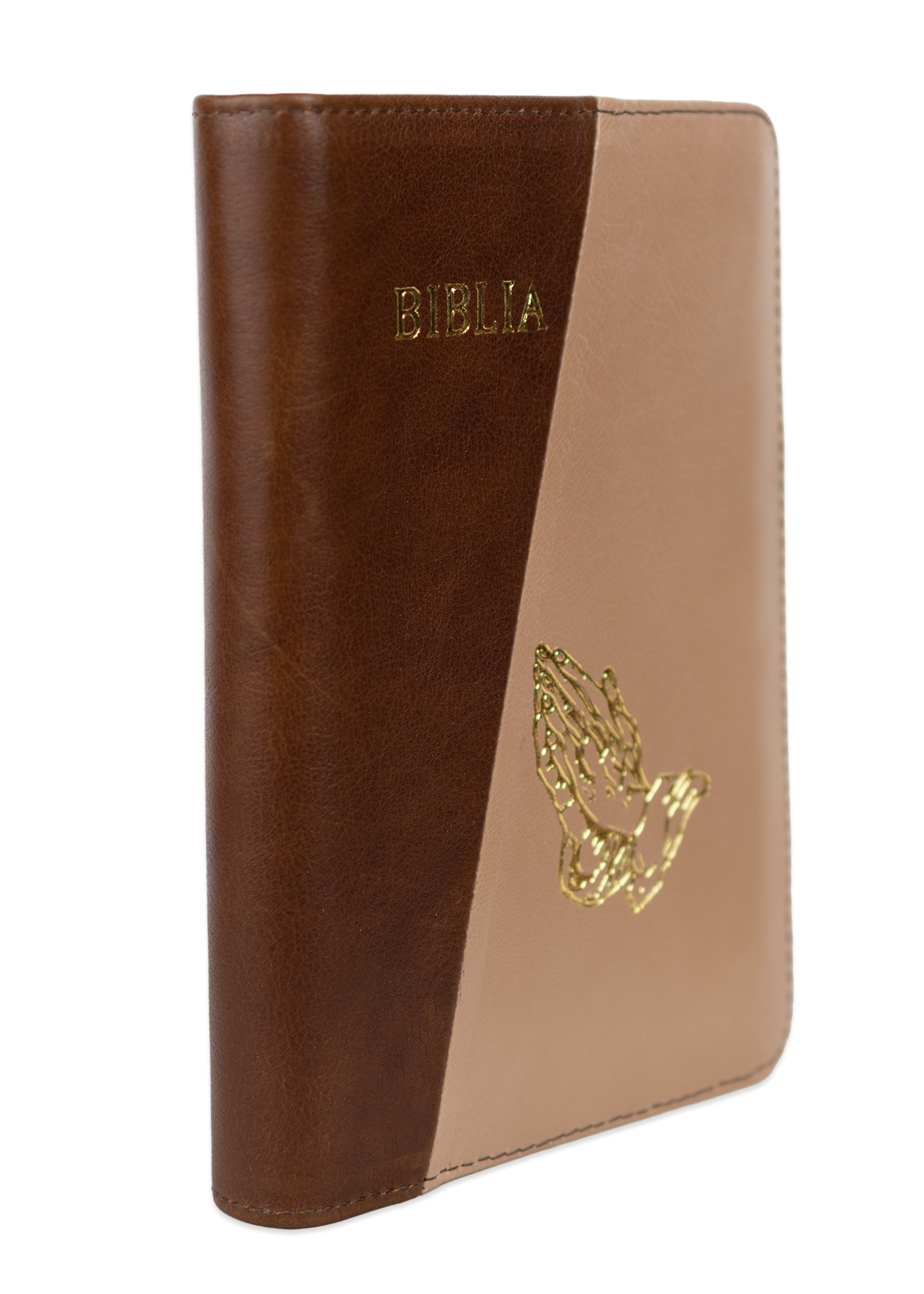 Biblie din piele, marime medie, culoare, maro închis cu bej, simbol maini in rugaciune, fermoar, index, margini aurii, cuv. lui Isus cu rosu [SB 057 PFI]