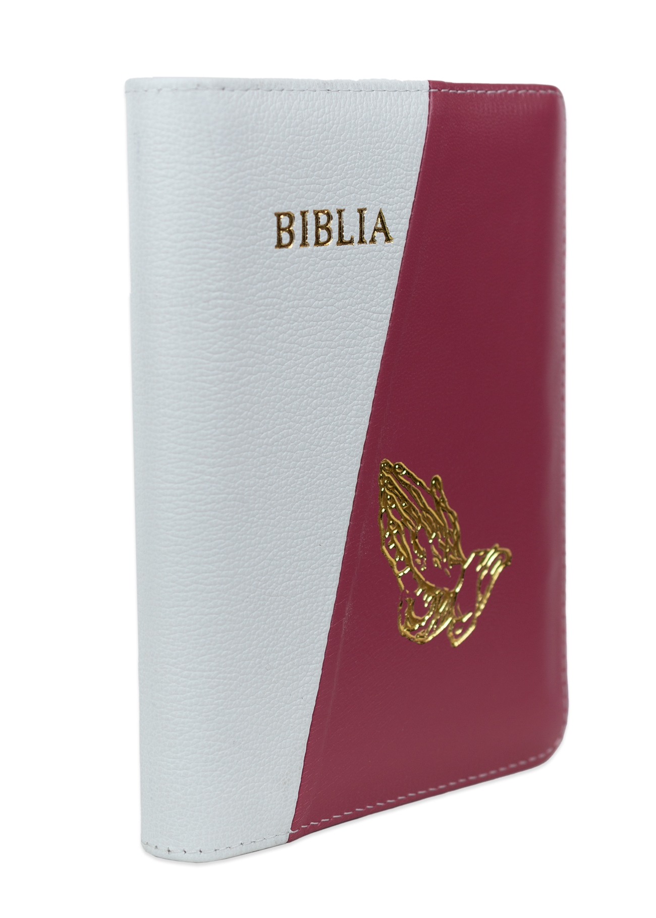 Biblie din piele, marime medie, culoare, alb cu roz, simbol maini in rugaciune, fermoar, index, margini aurii, cuv. lui Isus cu rosu [SB 057 PFI]