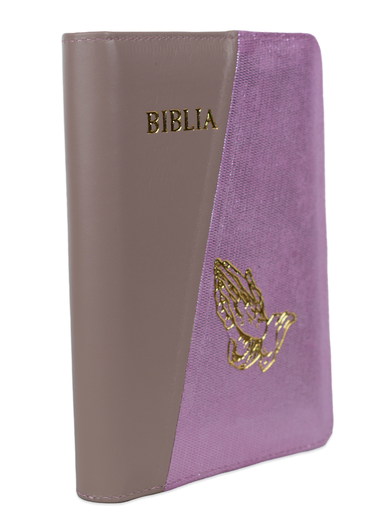 Biblie din piele, marime medie, culoare, roz plămâniu cu roz bombon sidefat, simbol maini in rugaciune, fermoar, index, margini aurii, cuv. lui Isus cu rosu [SB 057 PFI]