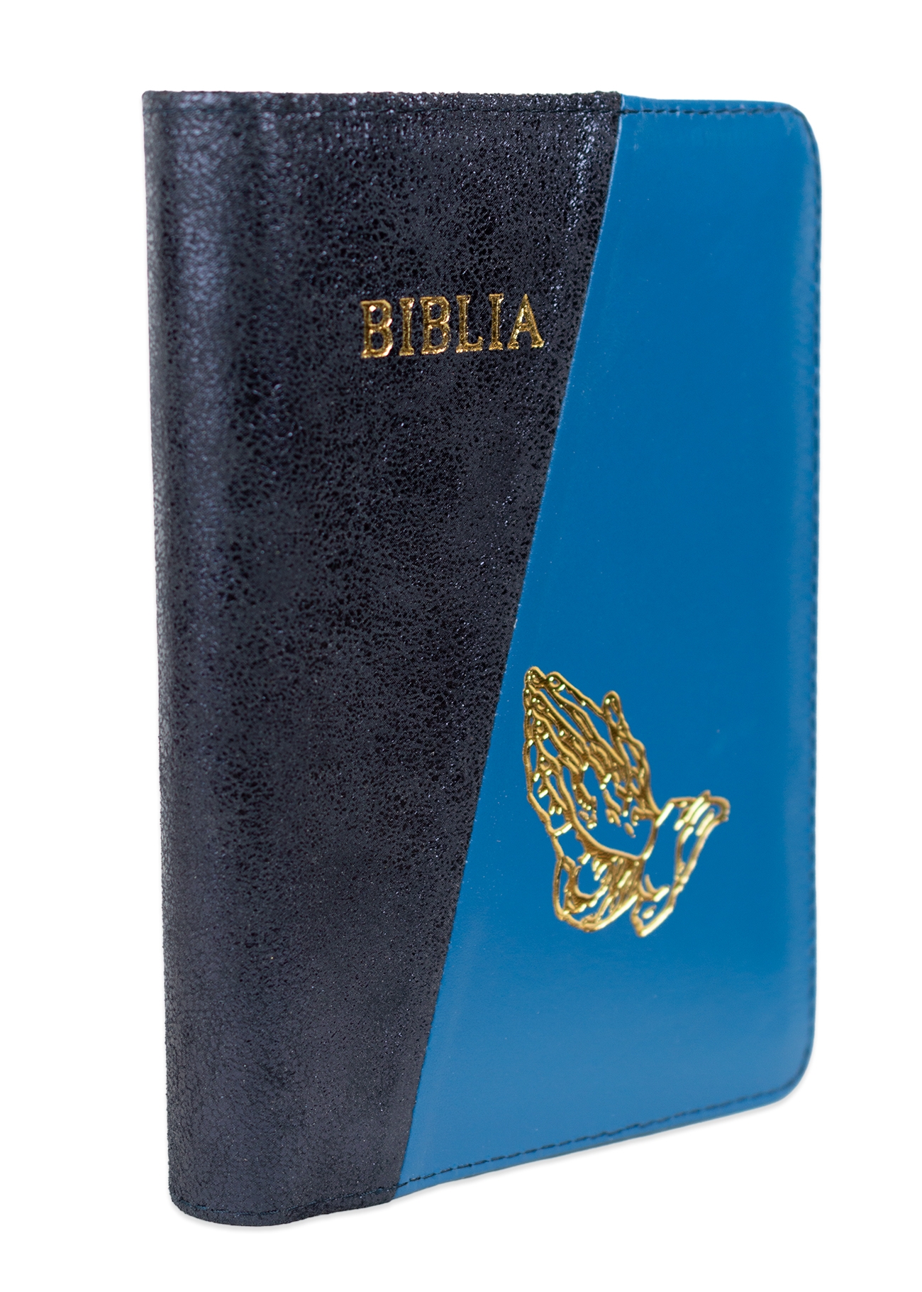 Biblie din piele, marime medie, culoare, bleumarin sidefat cu albastru, simbol maini in rugaciune, fermoar, index, margini aurii, cuv. lui Isus cu rosu [SB 057 PFI]