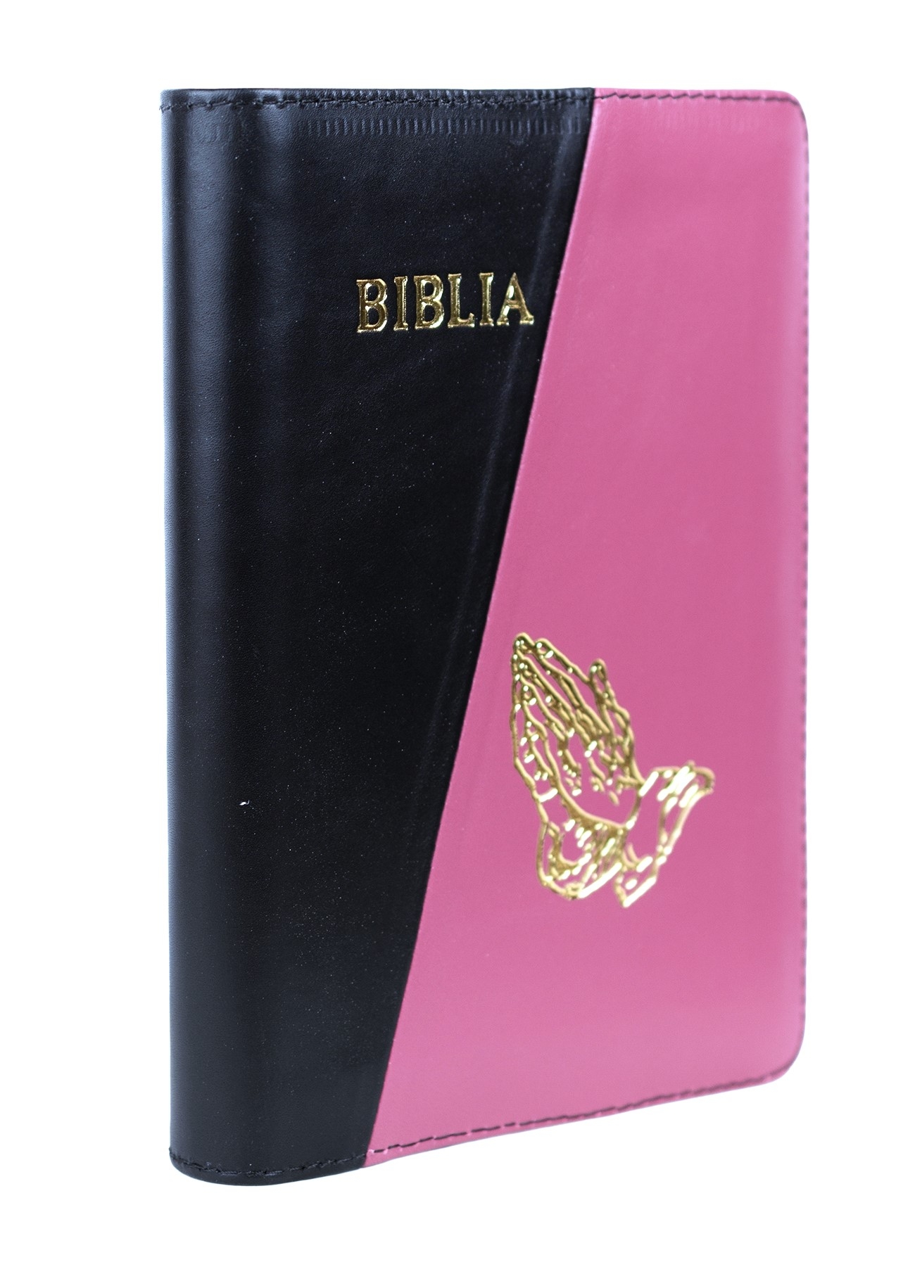 Biblie din piele, marime medie, culoare, negru cu roz, simbol maini in rugaciune, fermoar, index, margini aurii, cuv. lui Isus cu rosu [SB 057 PFI]