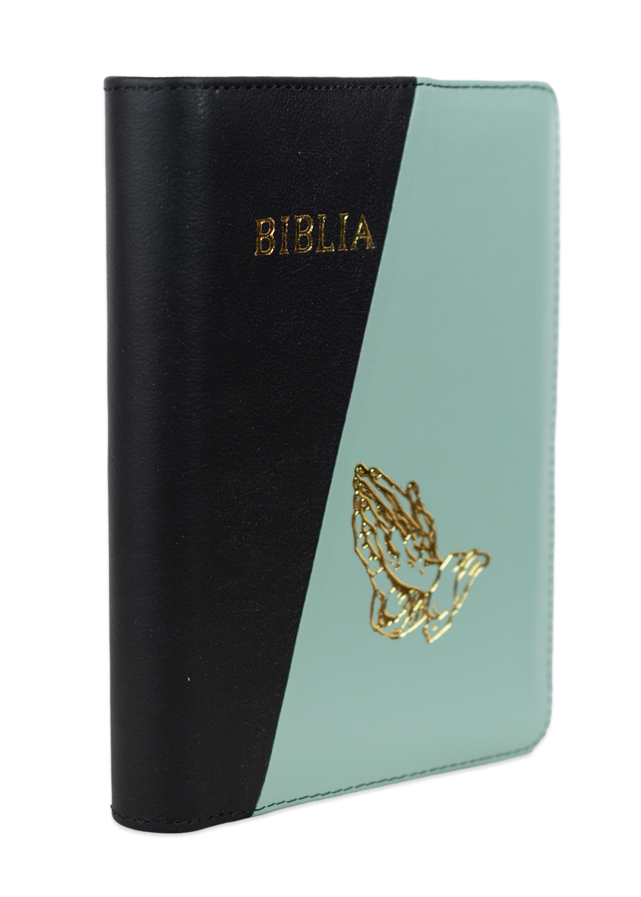 Biblie din piele, marime medie, culoare, negru cu verde mentă, simbol maini in rugaciune, fermoar, index, margini aurii, cuv. lui Isus cu rosu [SB 057 PFI]