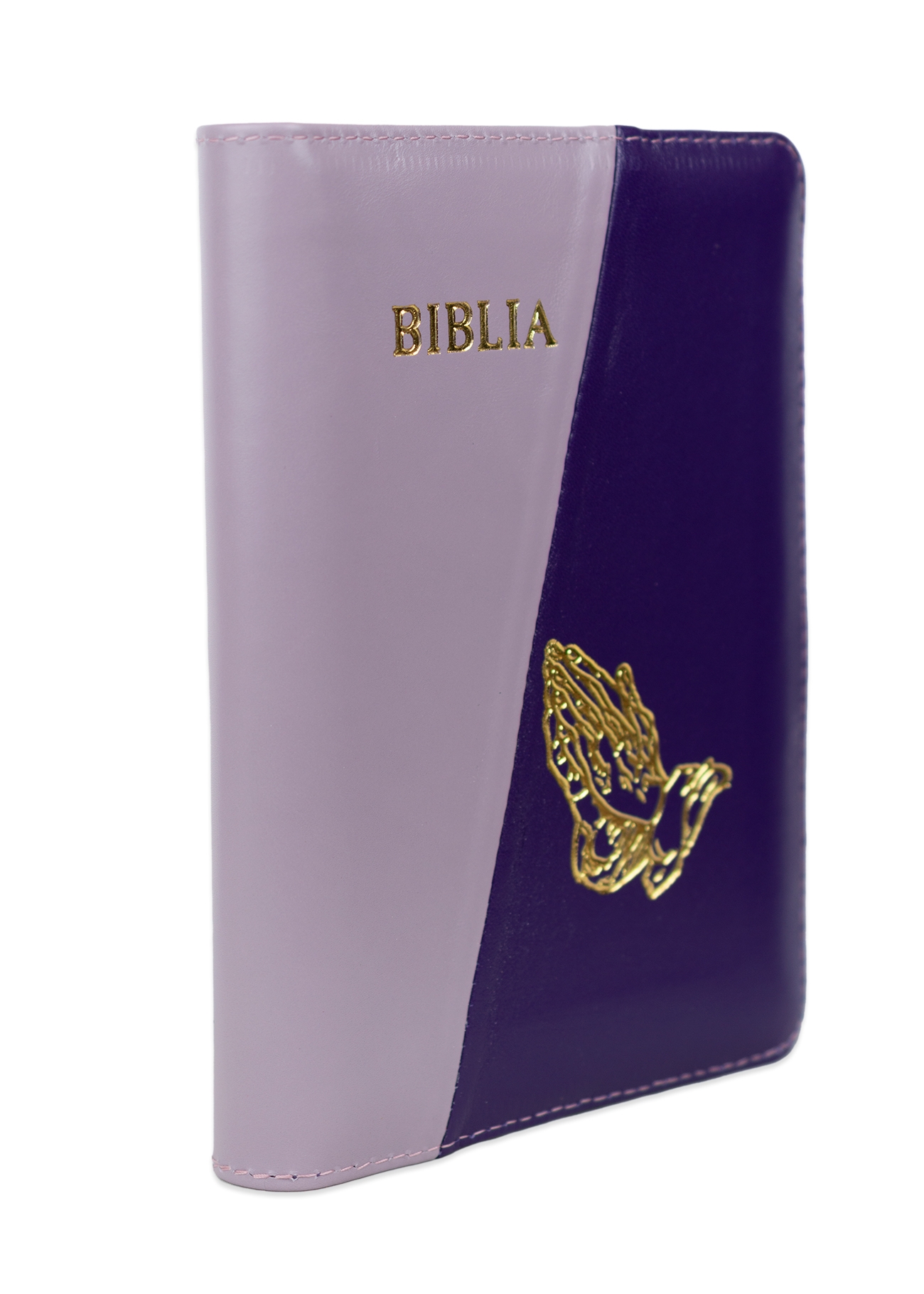 Biblie din piele, marime medie, culoare, mov deschis cu mov închis, simbol maini in rugaciune, fermoar, index, margini aurii, cuv. lui Isus cu rosu [SB 057 PFI]