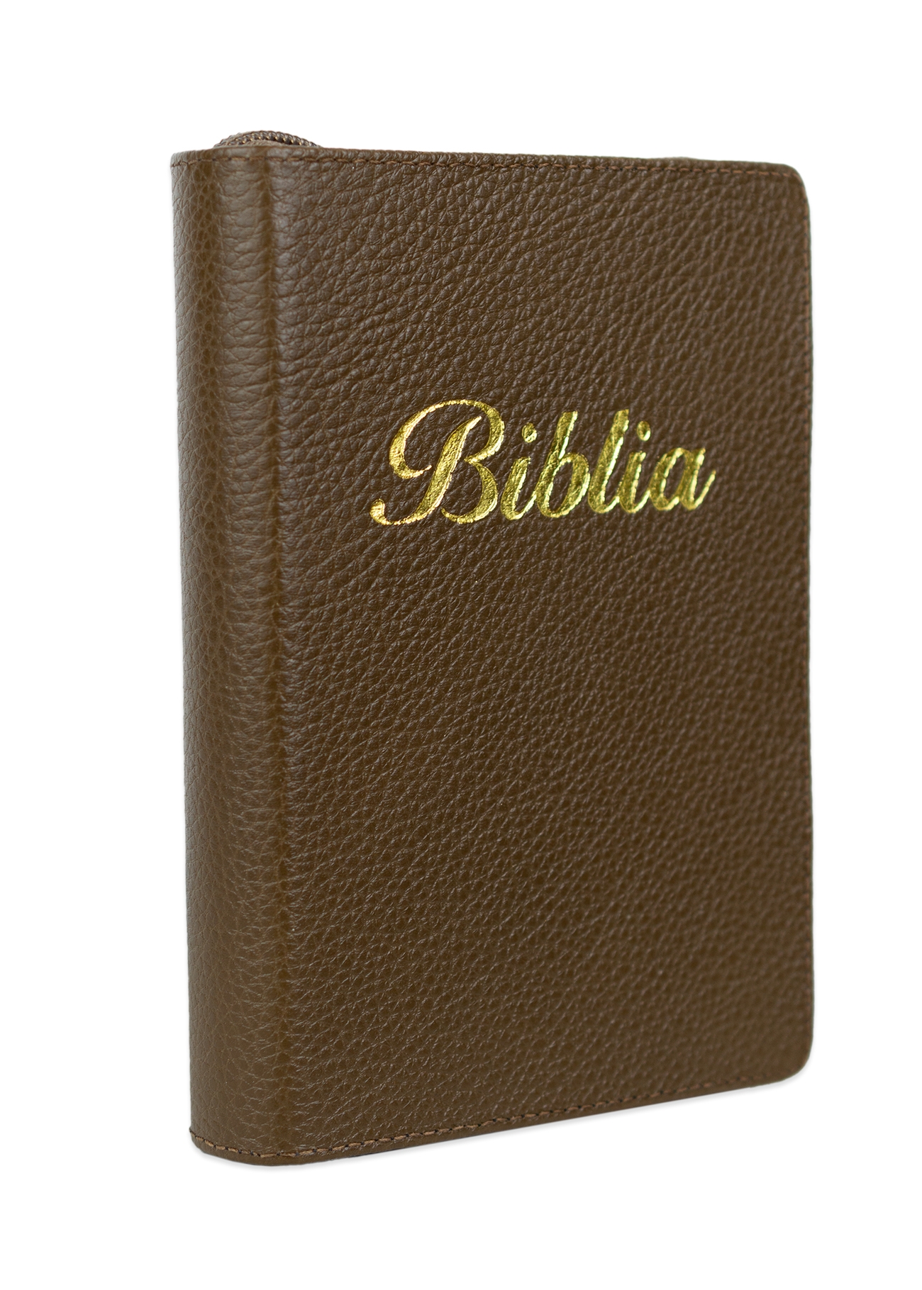 Biblia marime mica, maro, piele, fermoar, margini aurii, index, cuv. lui Isus cu rosu [047 PFI]