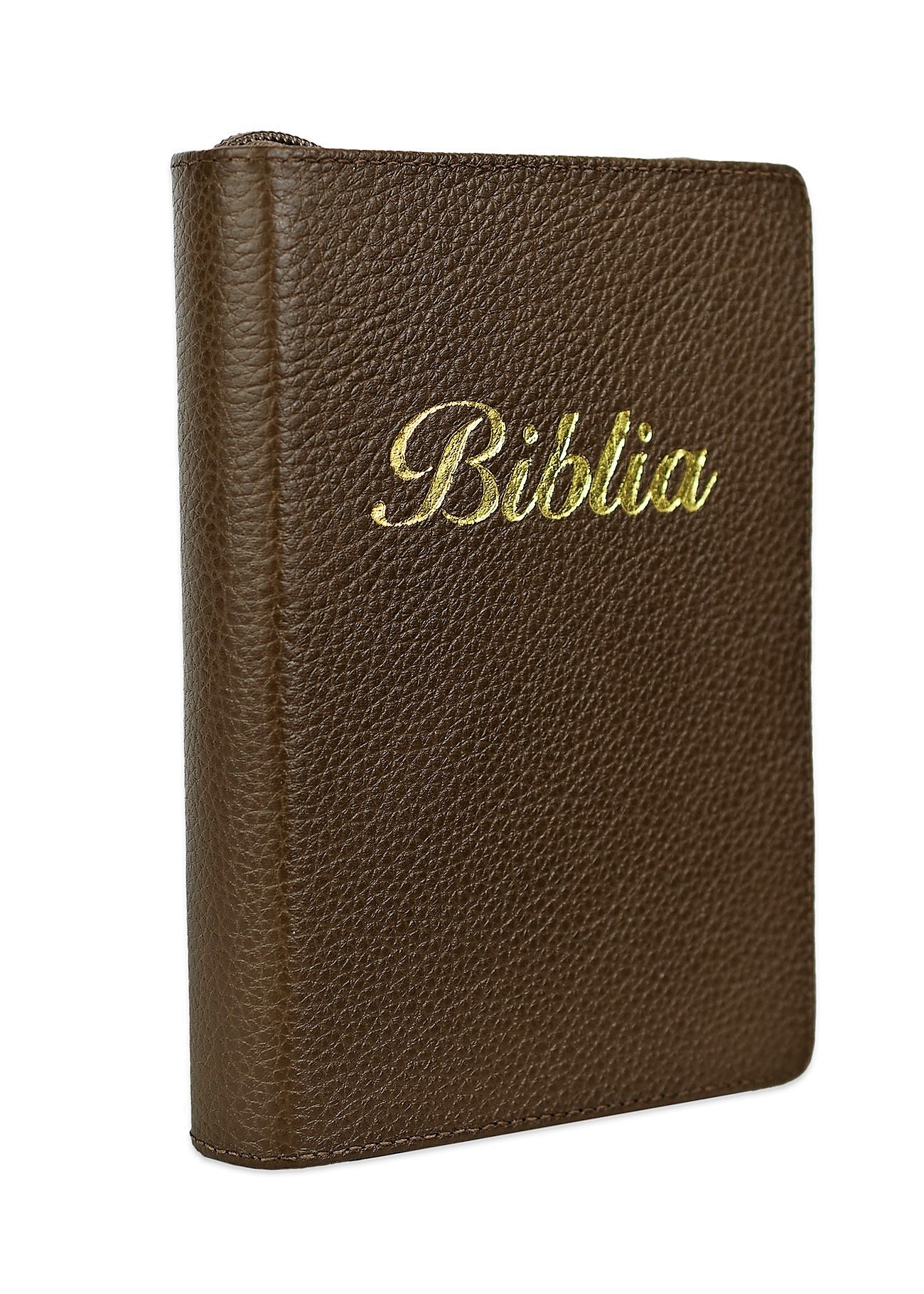 Biblia marime mica,  maro, piele, fermoar, margini aurii, index, cuv. lui Isus cu rosu [047 PFI]