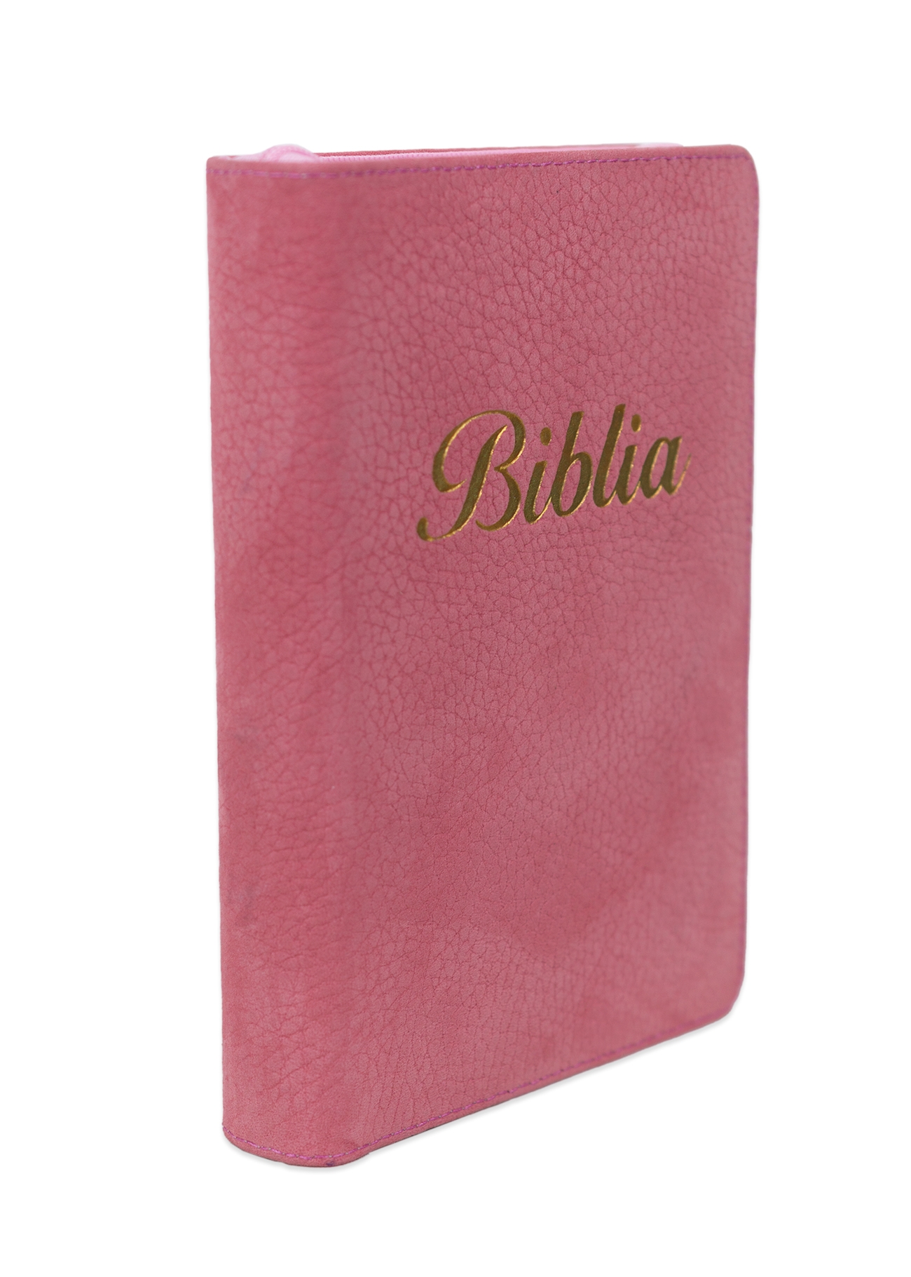 Biblia marime mica, roz, piele, fermoar, margini aurii, index, cuv. lui Isus cu rosu [047 PFI]