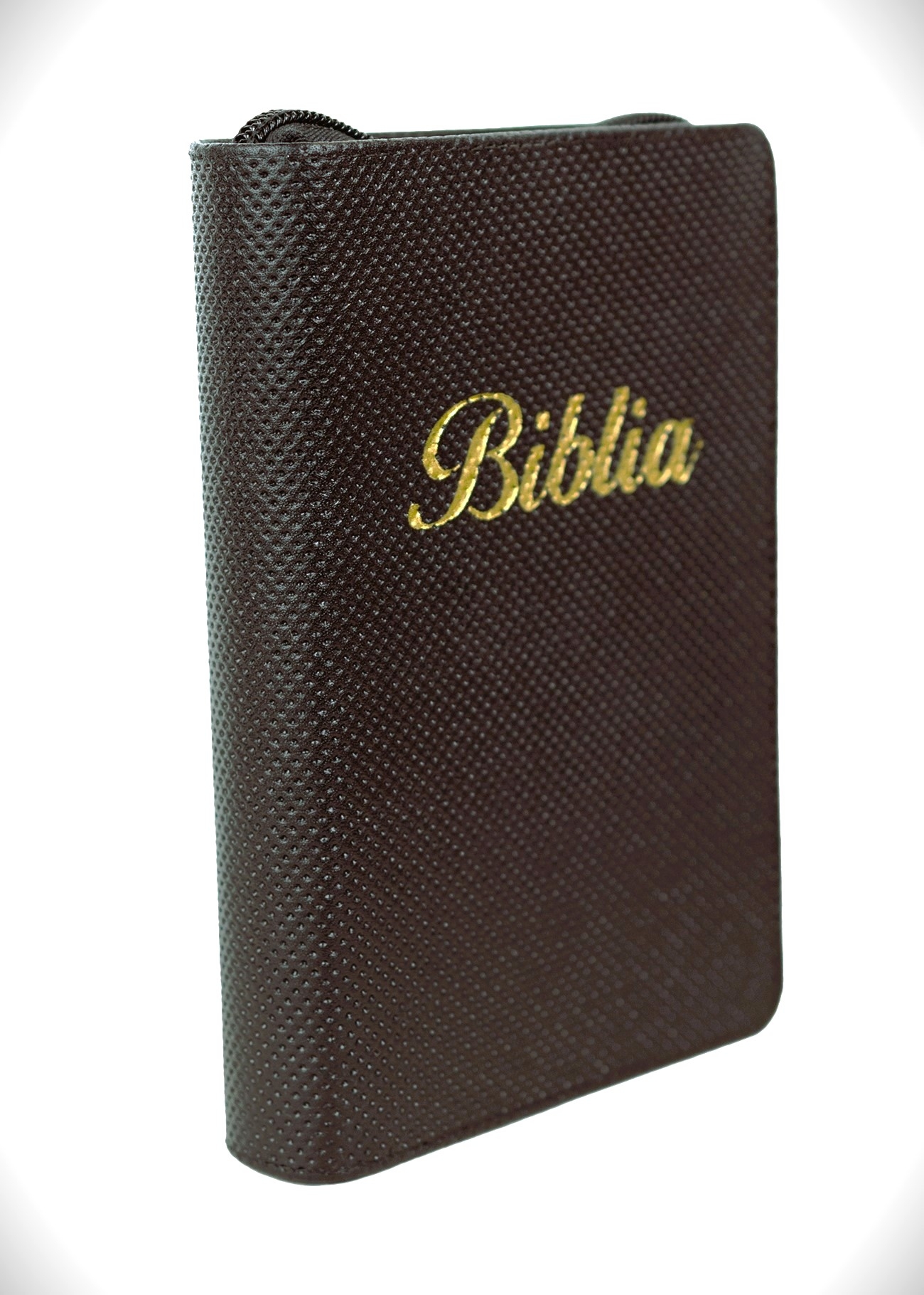 Biblie mare, piele, maro texturat, fermoar, index, margini argintii, cuv. Isus cu rosu + inel pentru pix [MAR 073 PFI]