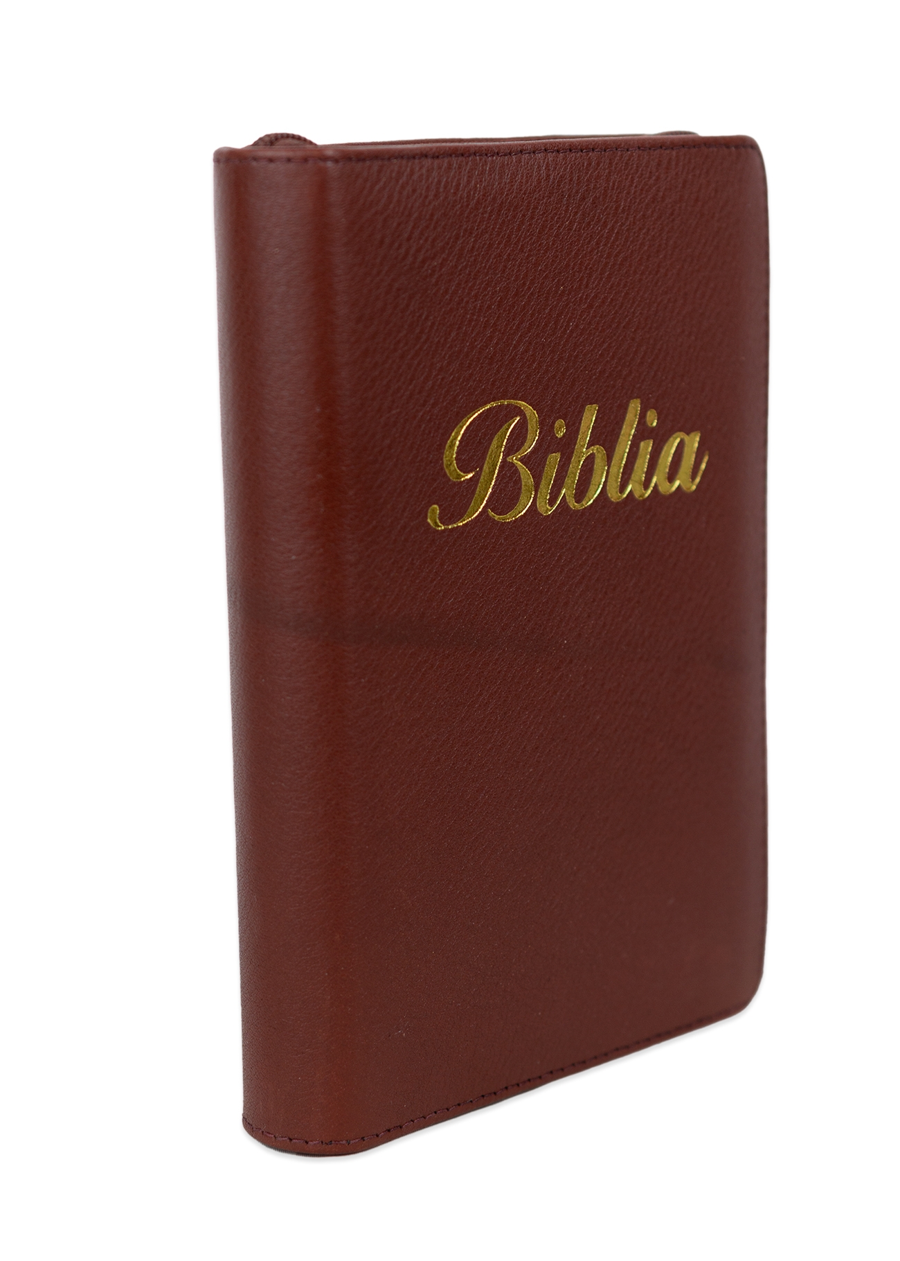 Biblia marime mica,  maro roșcat, piele, fermoar, margini aurii, index, cuv. lui Isus cu rosu [047 PFI]