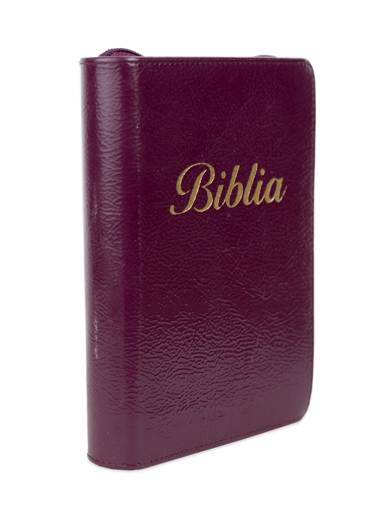 Biblia marime mica, mov închis, piele, fermoar, margini aurii, index, cuv. lui Isus cu rosu [047 PFI]
