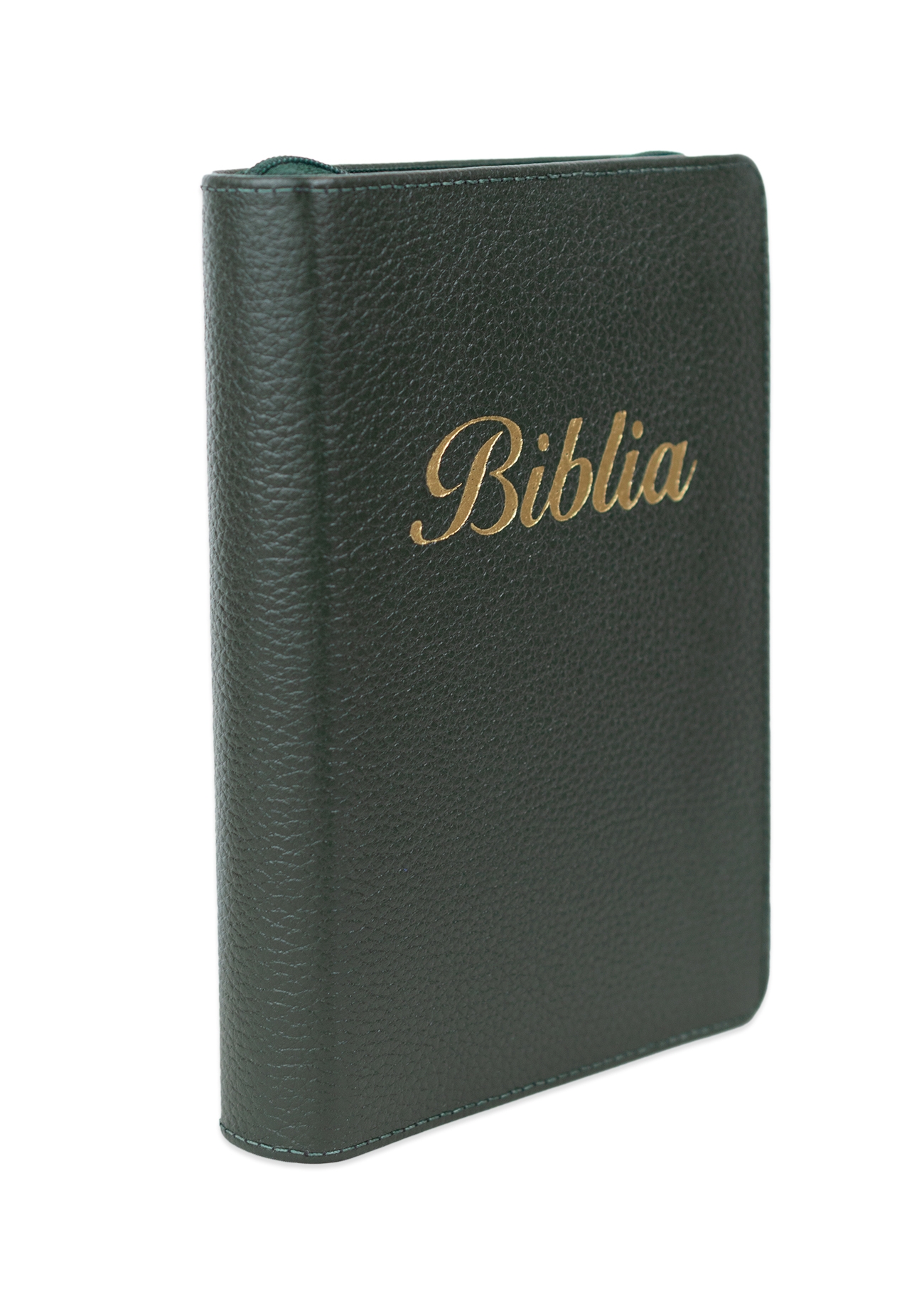 Biblia marime mica, verde închis, piele, fermoar, margini aurii, index, cuv. lui Isus cu rosu [047 PFI]