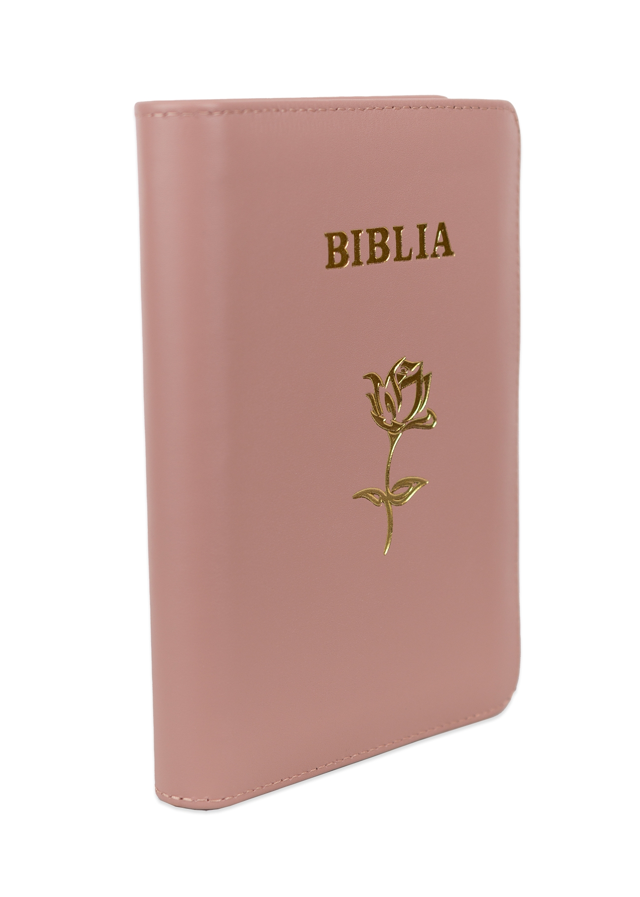 Biblie din piele, marime medie, culoare, roz plămâniu, simbol floral, fermoar, index, margini aurii, cuv. lui Isus cu rosu [SB 057 PFI]