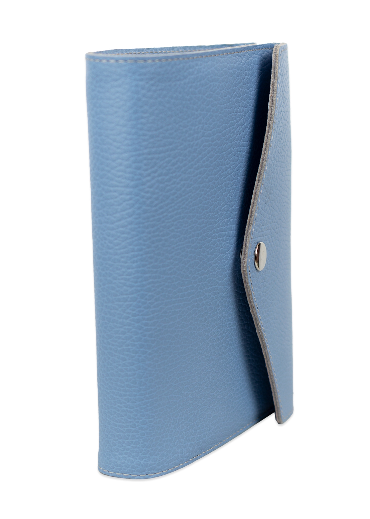 Biblia in husa handmade piele autentica, cu clapetă si capsă, mărime medie, bleu ciel , index, margini aurii, cuv. lui Isus cu rosu [057 HBL]