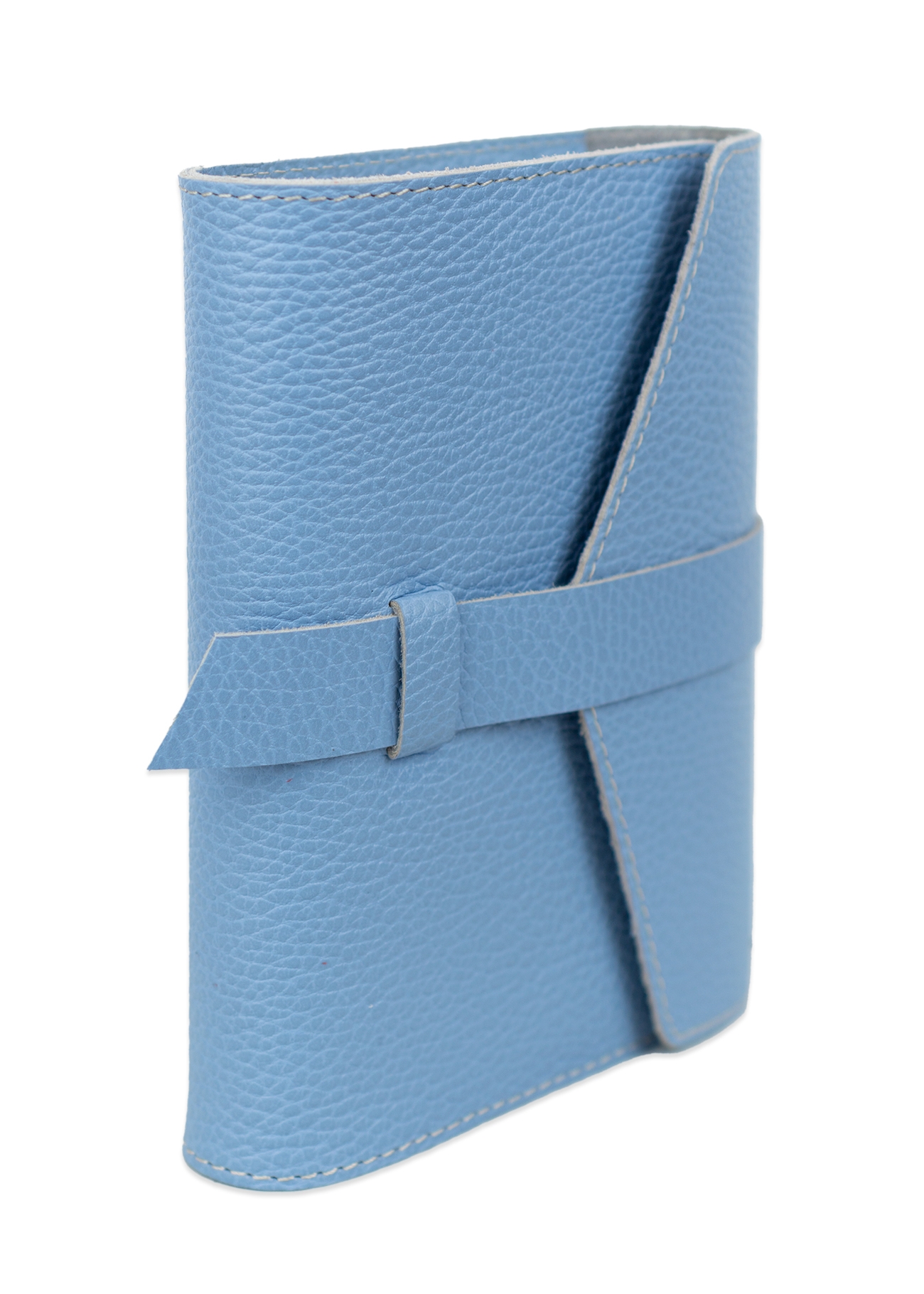 Biblia in husa handmade piele autentica, cu clapeta si bareta, marime mica, bleu ciel, index, margini aurii, cuv. lui Isus cu rosu [047 HCB]