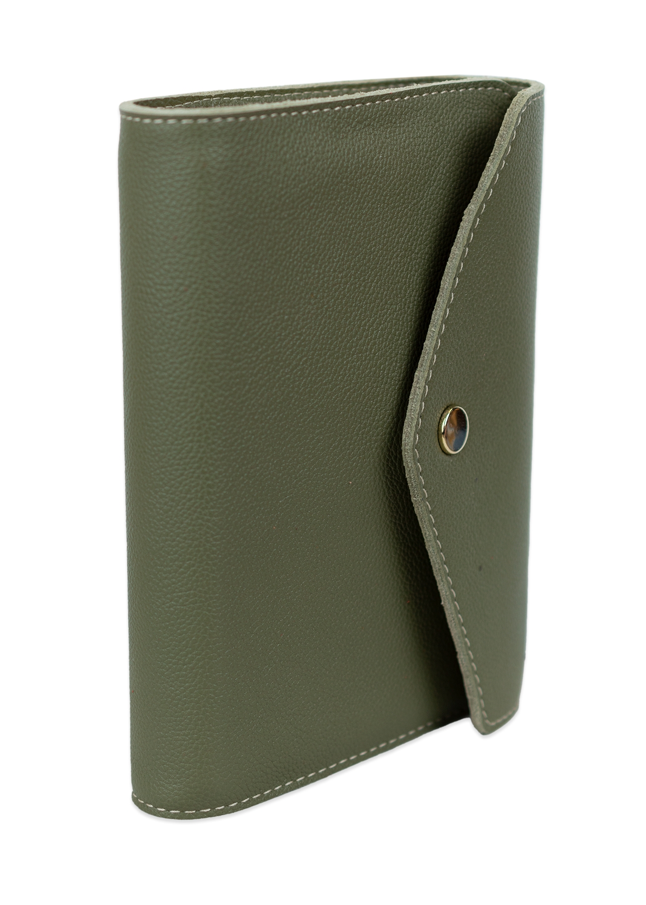 Biblia in husa handmade piele autentica, cu clapeta si capsa, marime mica, verde oliv, index, margini aurii, cuv. lui Isus cu rosu [047 HCL]