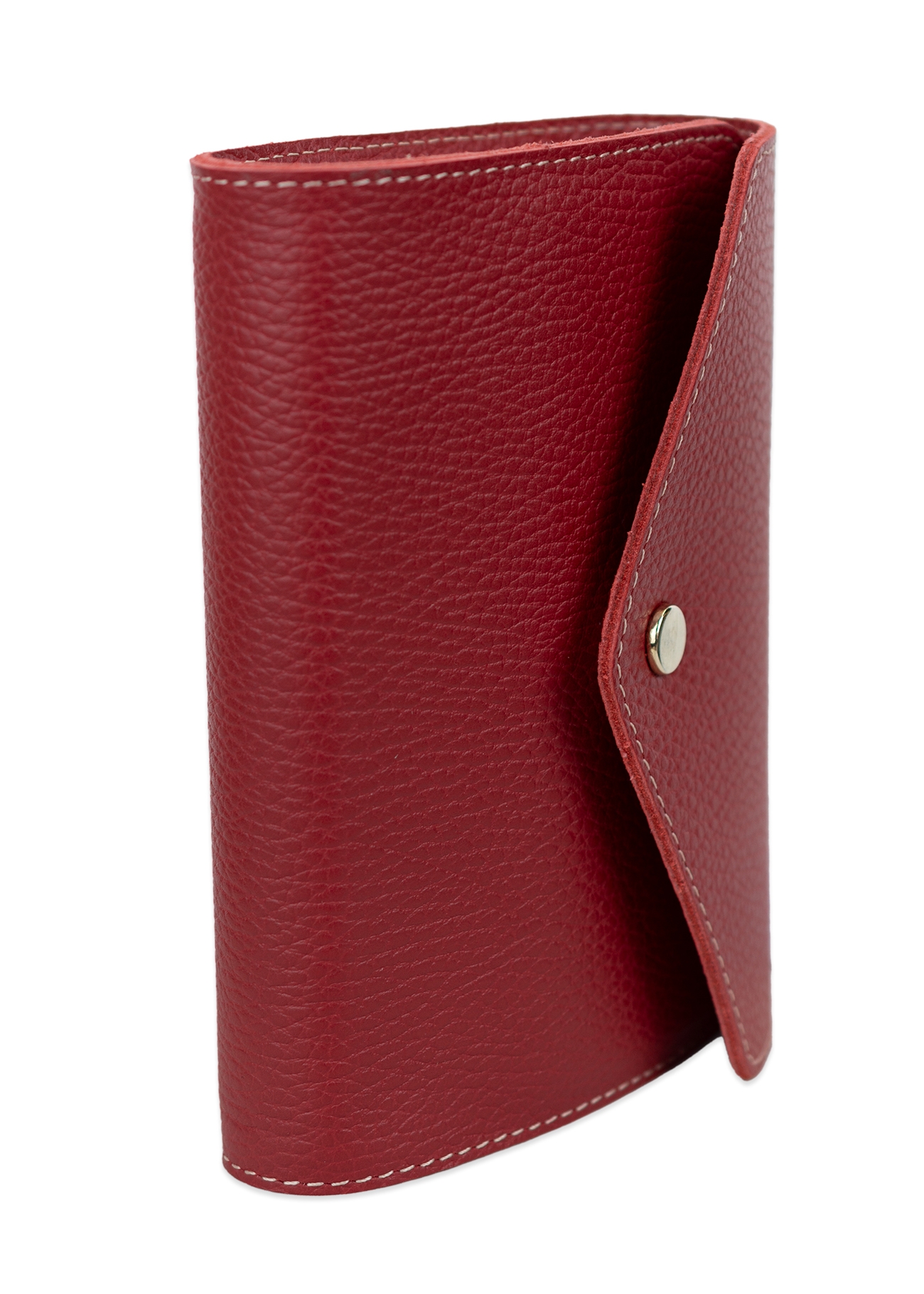 Biblia in husa handmade piele autentica, cu clapeta si capsa, marime mica, roșie, index, margini aurii, cuv. lui Isus cu rosu [047 HCL]