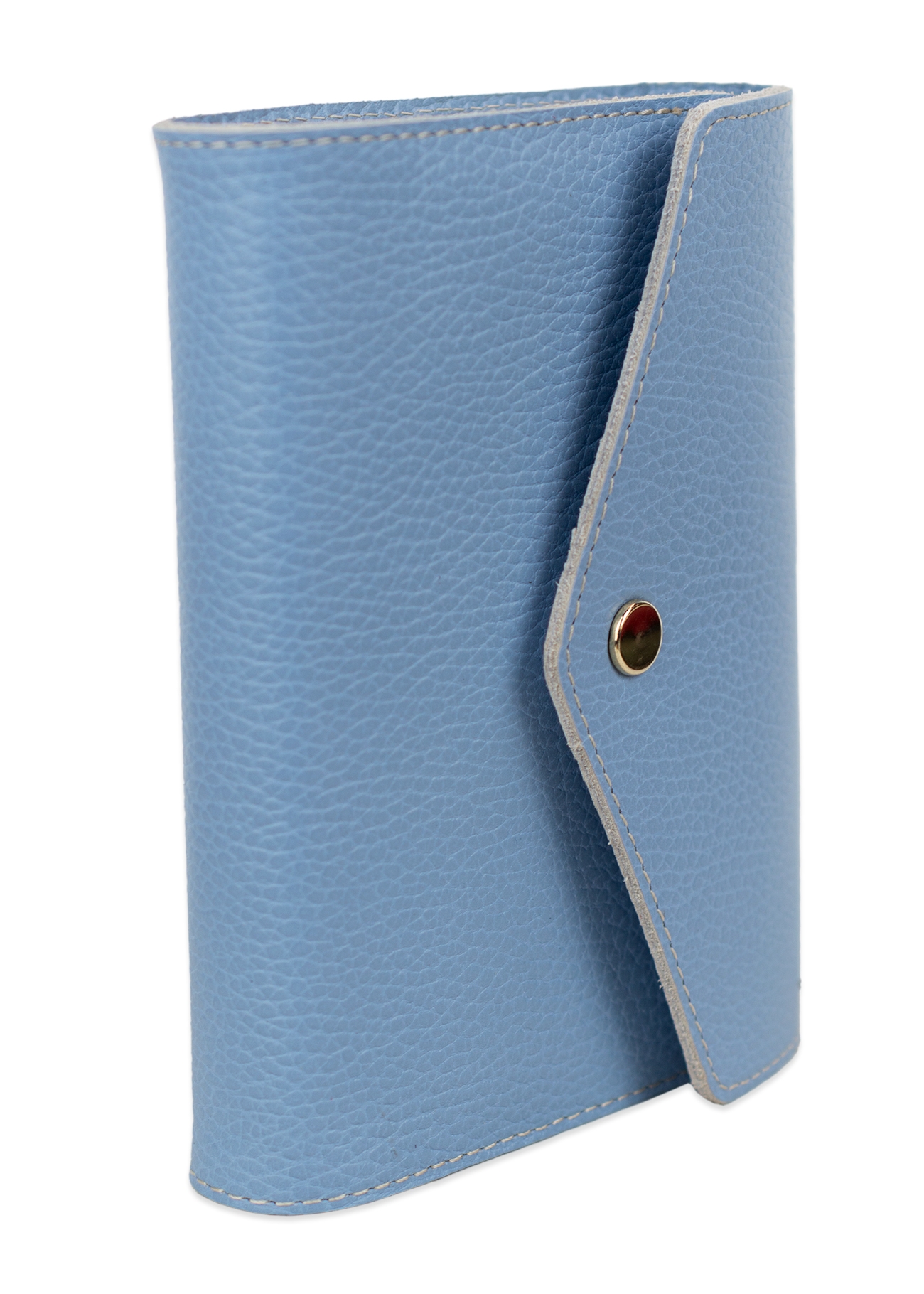 Biblia in husa handmade piele autentica, cu clapeta si capsa, marime mica, bleu ciel, index, margini aurii, cuv. lui Isus cu rosu [047 HCL]