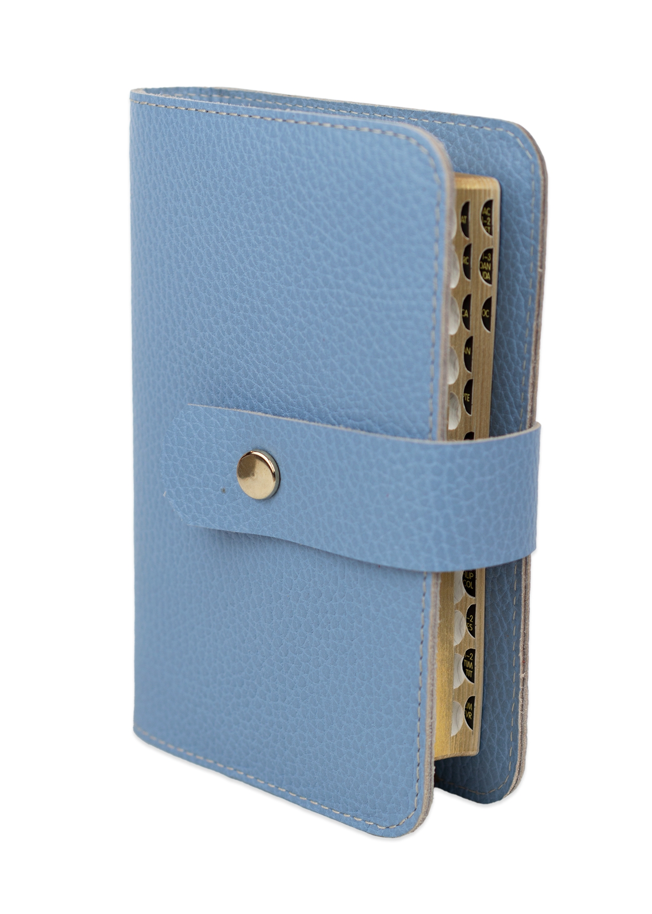 Biblia in husa handmade piele autentica, cu bareta si capsa, marime mica, bleu ciel, index, margini aurii, cuv. lui Isus cu rosu [047 HBC]