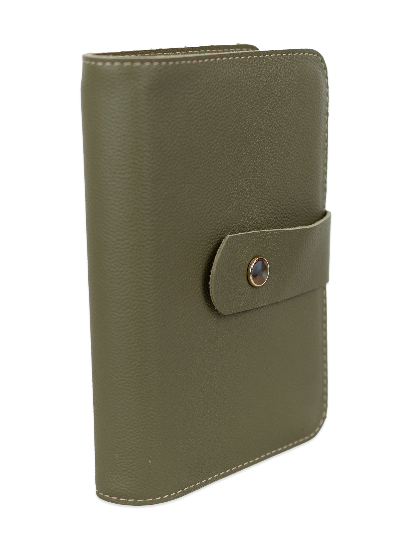 Biblia in husa handmade piele autentica, cu bareta si capsa, marime mica, verde oliv, index, margini aurii, cuv. lui Isus cu rosu [047 HBC]