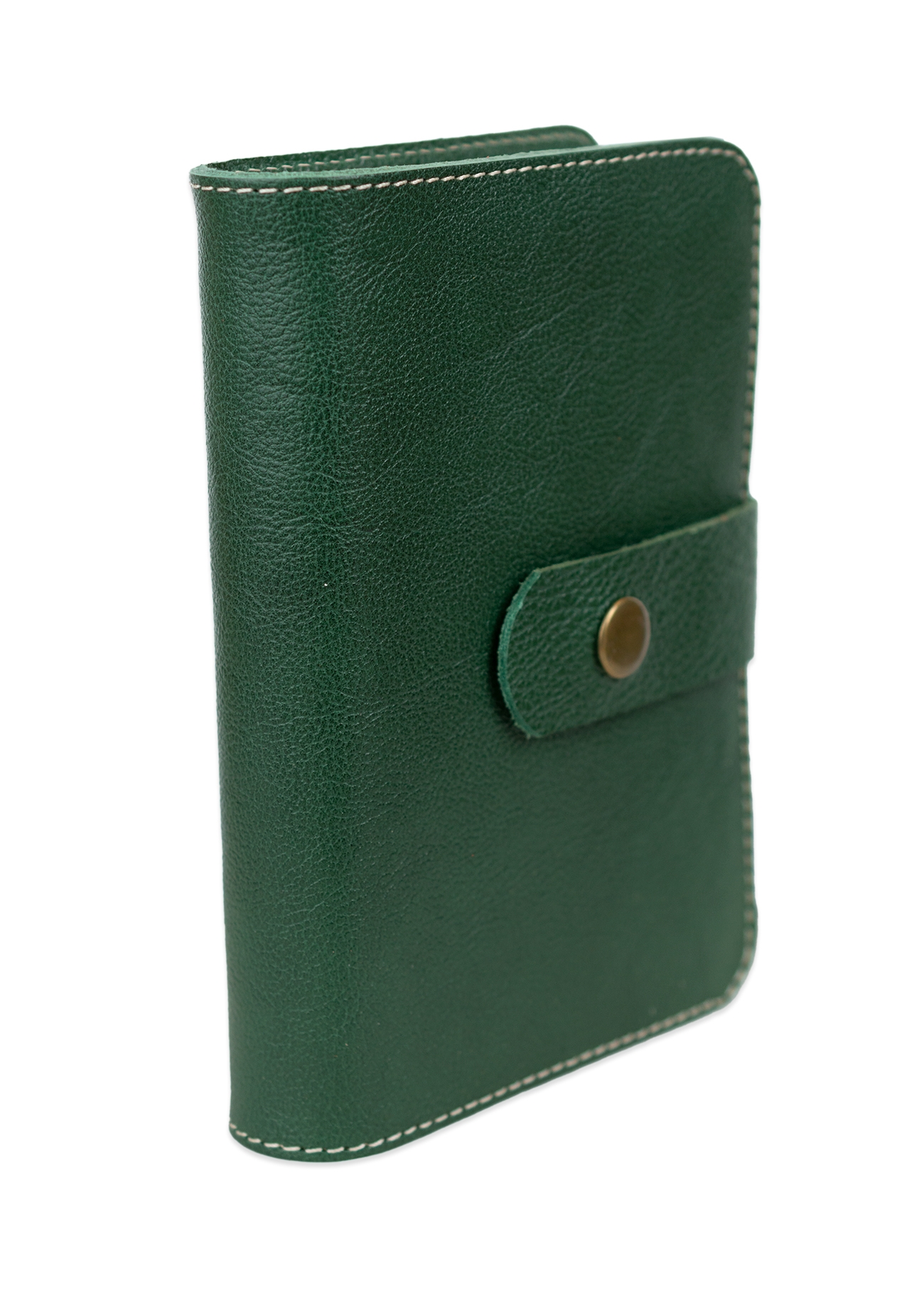 Biblia in husa handmade piele autentica, cu bareta si capsa, marime mica, verde, index, margini aurii, cuv. lui Isus cu rosu [047 HBC]