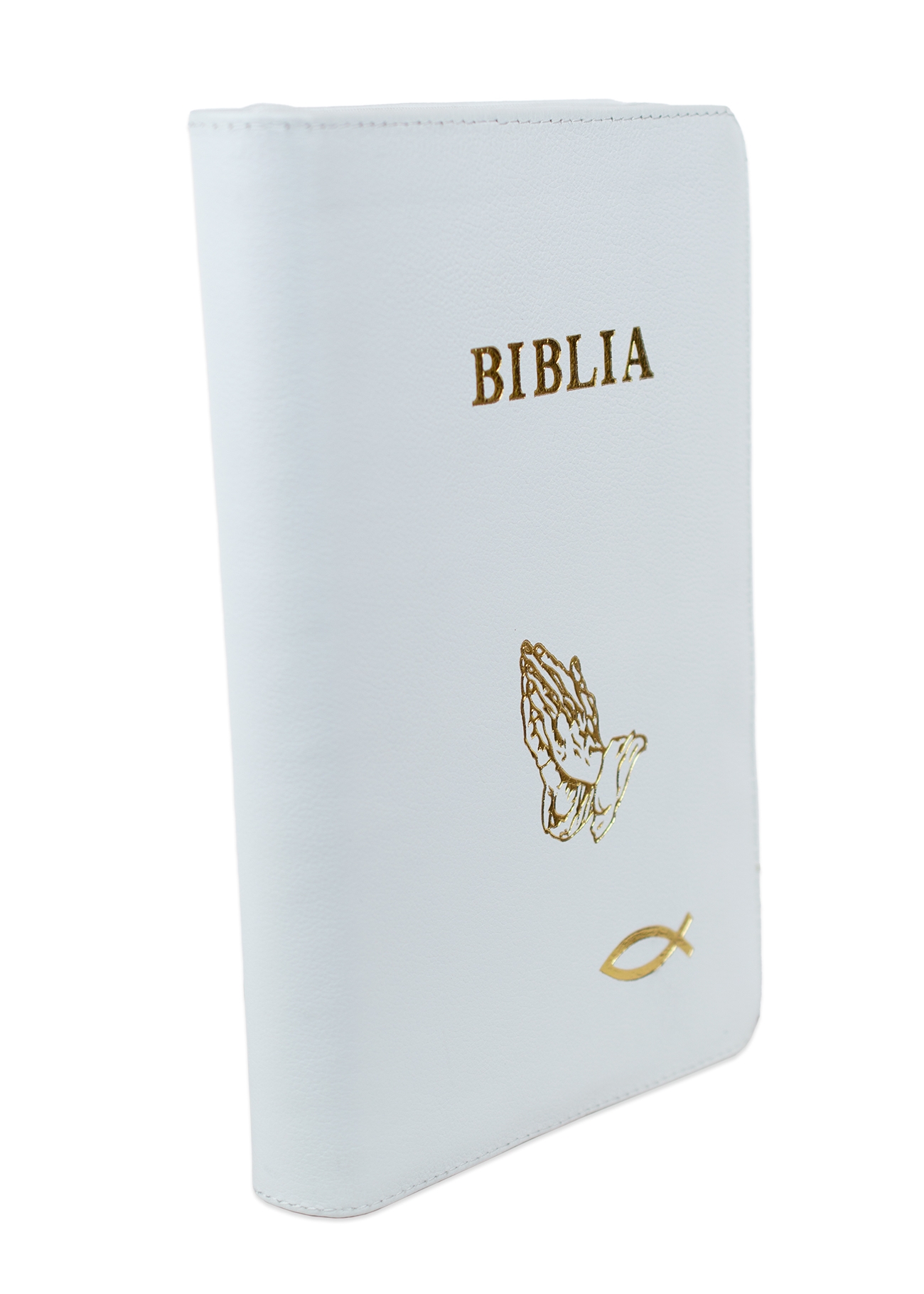 Biblie mare, piele, culoare albă, fermoar, index, margini argintii, simbol mâini în rugăciune, cuv. Isus cu rosu [SI 073 PFI]