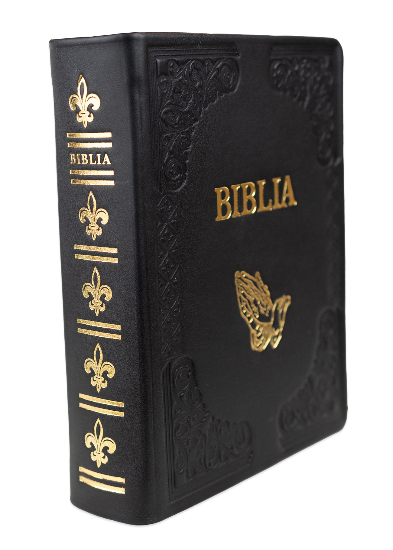 Biblia de studiu inductiv (trad. D. Cornilescu), piele naturala handmade, neagra, simbol maini in rugaciune, margini aurii Biblia de studiu inductiv (trad. D. Cornilescu), piele naturala handmade, neagra, simbol maini in rugaciune, margini aurii