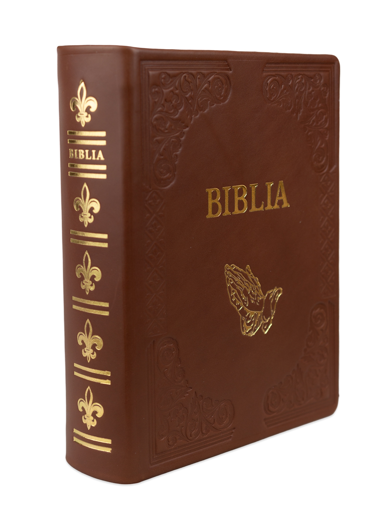 Biblia de studiu inductiv (trad. D. Cornilescu), piele naturala handmade, maro, simbol maini in rugaciune, margini aurii Biblia de studiu inductiv (trad. D. Cornilescu), piele naturala handmade, maro, simbol maini in rugaciune, margini aurii