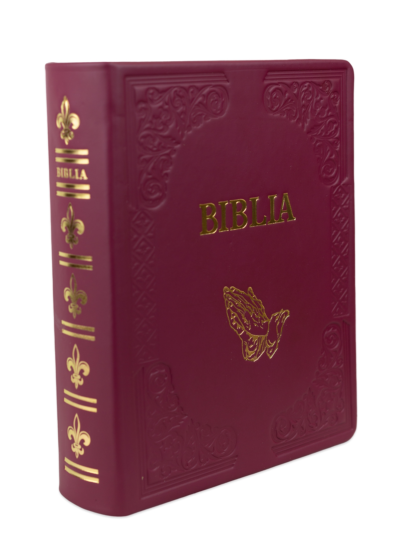 Biblia de studiu inductiv (trad. D. Cornilescu), piele naturala handmade, vișinie, simbol maini in rugaciune, margini aurii Biblia de studiu inductiv (trad. D. Cornilescu), piele naturala handmade, vișinie, simbol maini in rugaciune, margini aurii