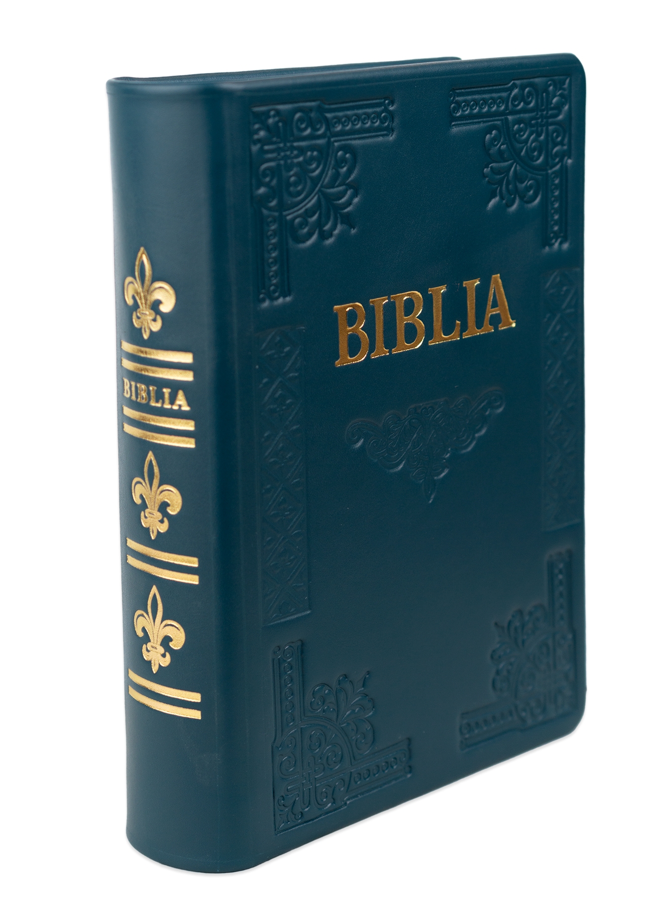 Biblia de studiu pentru femei, piele handmade, marime medie, verde turcoaz închis, margini argintii, cuv. lui Isus cu rosu