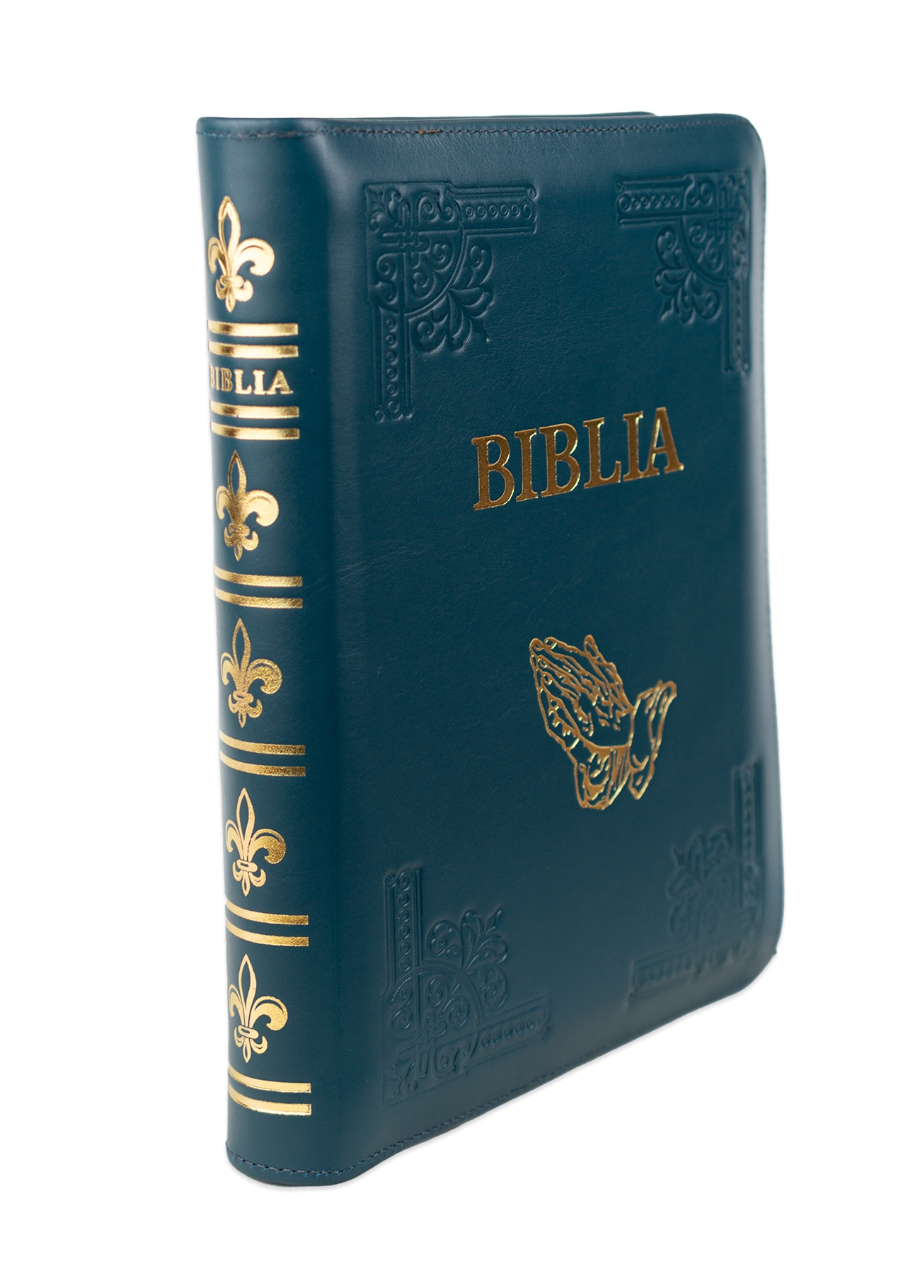 Biblia de studiu pentru femei, piele handmade, marime medie, verde turcoaz închis, fermoar, simbol mâini în rugăciune, margini argintii, cuv. lui Isus cu rosu