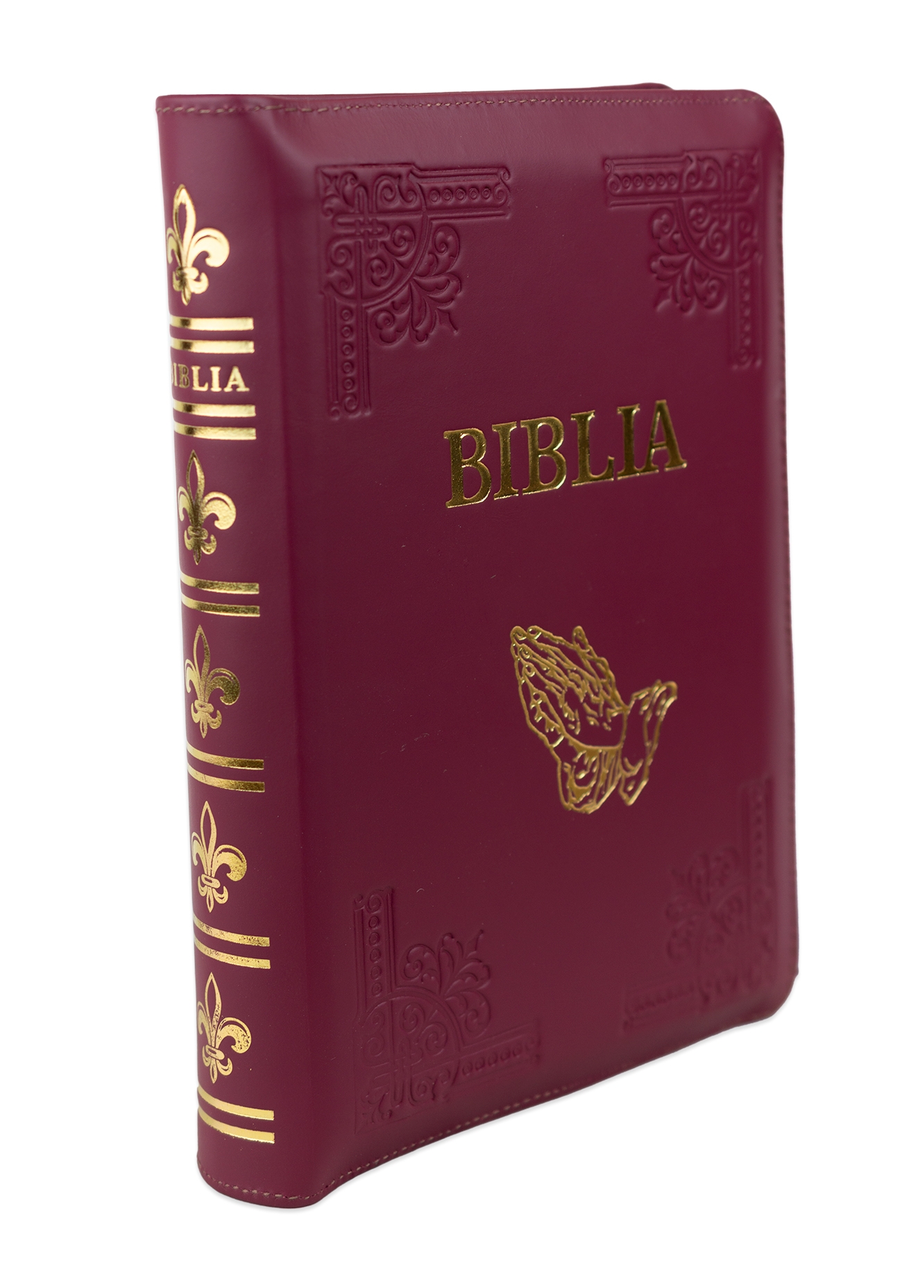 Biblia de studiu pentru femei, piele handmade, marime medie, vișiniu închis, fermoar, simbol mâini în rugăciune, margini argintii, cuv. lui Isus cu rosu