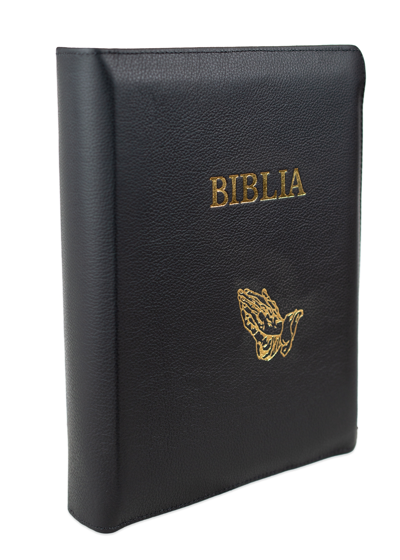Biblia de studiu inductiv (trad. D. Cornilescu), piele naturala, neagra, fermoar, simbol maini in rugaciune, margini aurii
