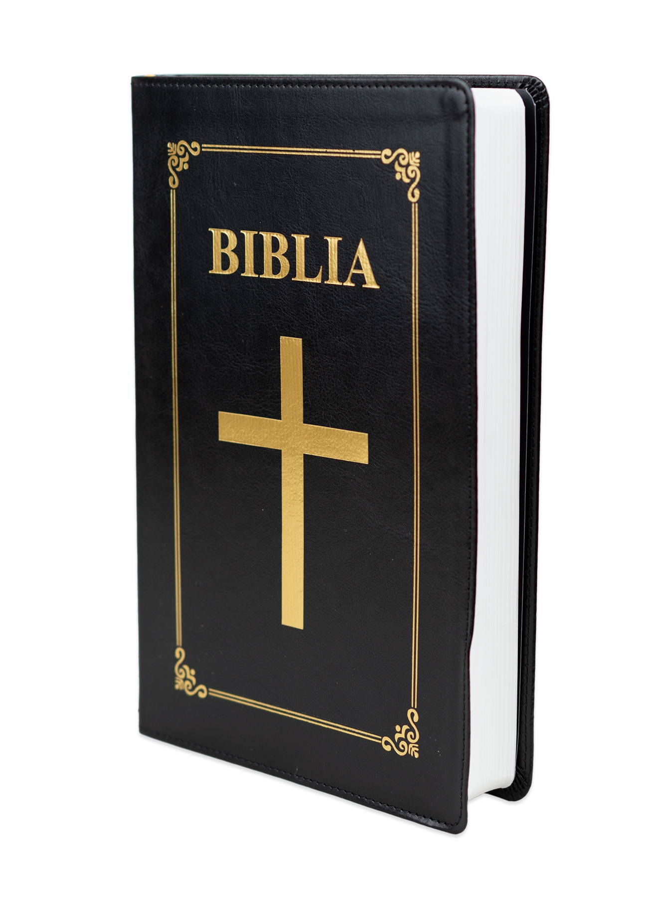 [ANTICARIAT] Biblia economica, marime mare, coperta piele ecologica, neagra, simbol cruce, cuvintele lui Isus cu rosu [073 P]  (Produs cu defect - forma de uzura pe coperta)