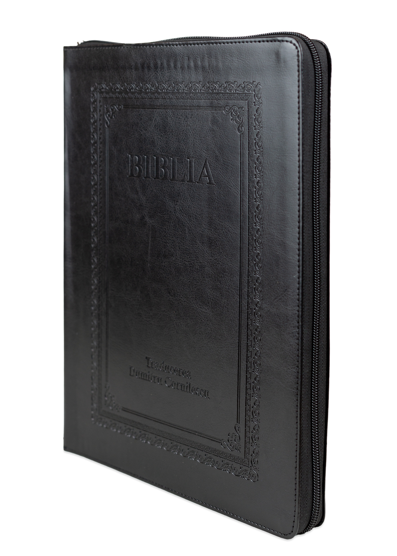 Biblia foarte mare, scris foarte mare, coperta piele ecologica, neagra, fermoar, margini aurii, cuv. lui Isus cu rosu [093 PFA]