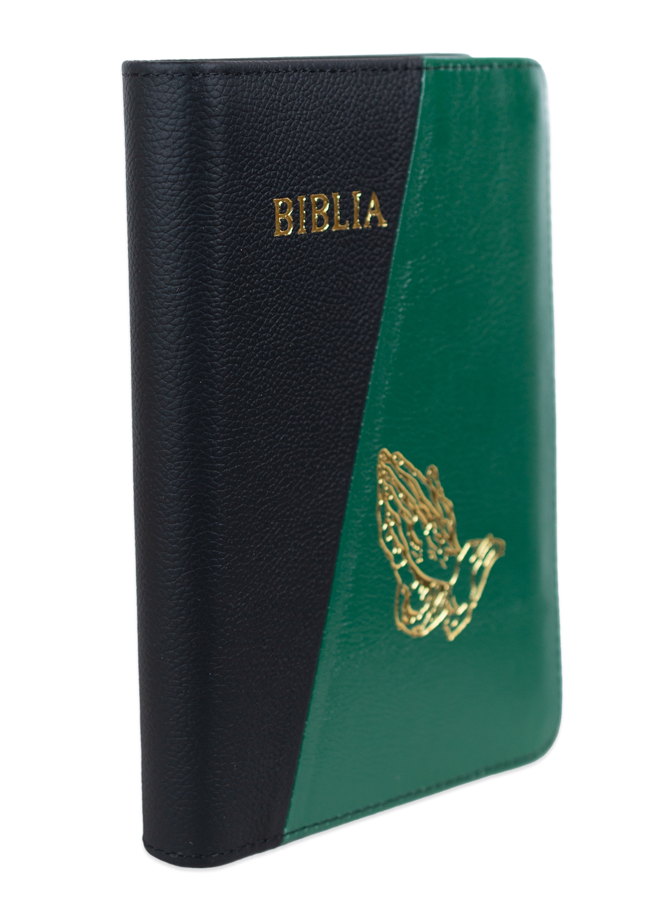 Biblie din piele, marime medie, culoare, negru cu verde, simbol maini in rugaciune, fermoar, index, margini aurii, cuv. lui Isus cu rosu [SB 057 PFI]