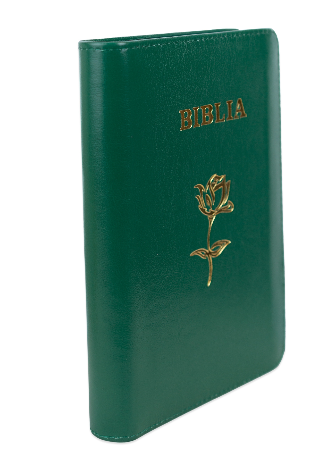 Biblie din piele, marime medie, culoare, verde închis, simbol floral, fermoar, index, margini aurii, cuv. lui Isus cu rosu [SB 057 PFI]