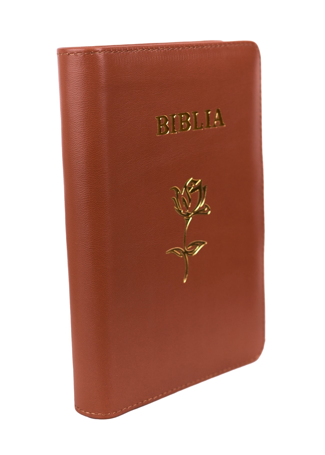 Biblia mica, coperta piele, cărămiziu, index, fermoar, margini aurii, simbol floral, cuv. lui Isus in rosu [047 PFI]