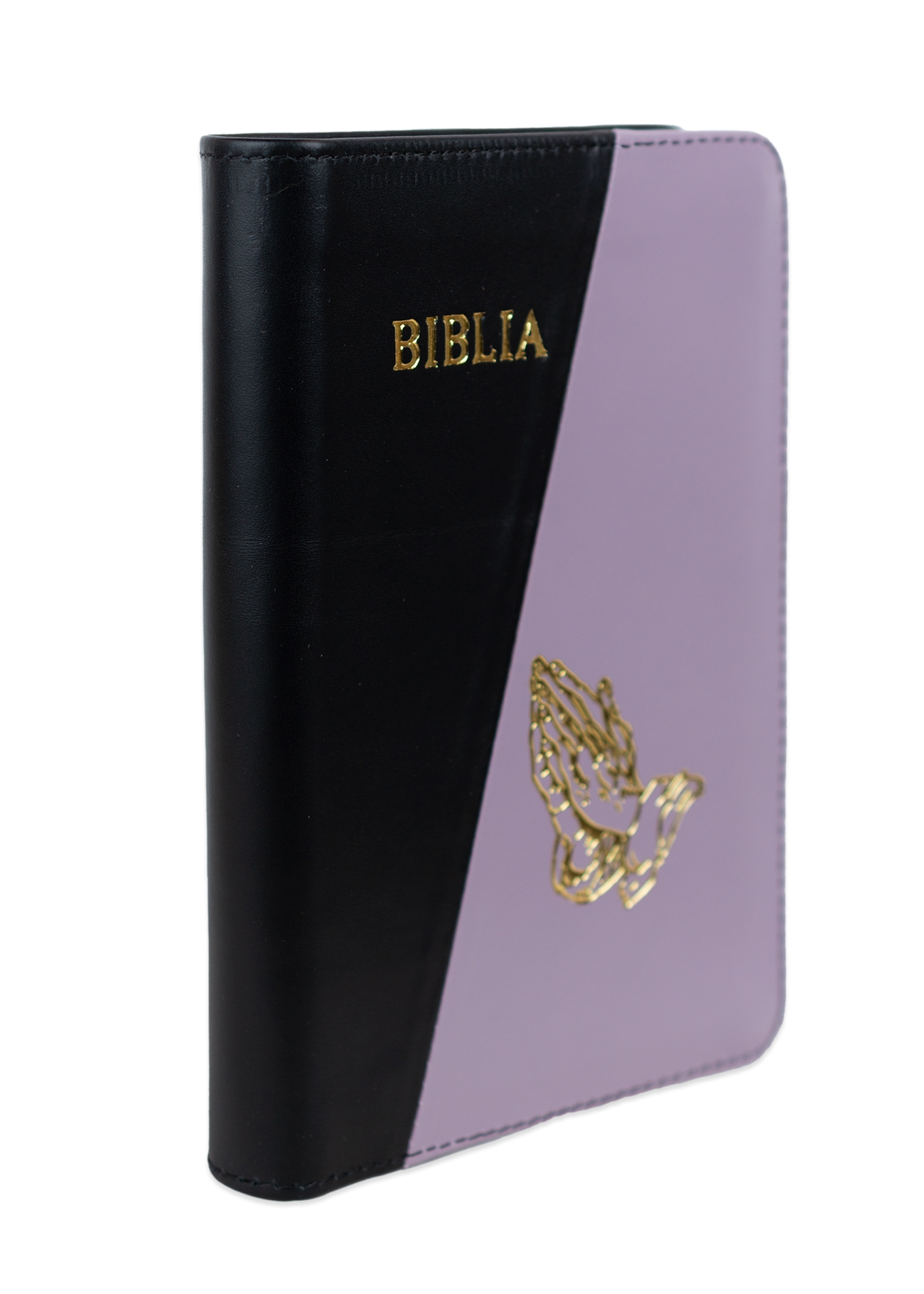 Biblie din piele, marime medie, culoare, negru cu mov, simbol maini in rugaciune, fermoar, index, margini aurii, cuv. lui Isus cu rosu [SB 057 PFI]