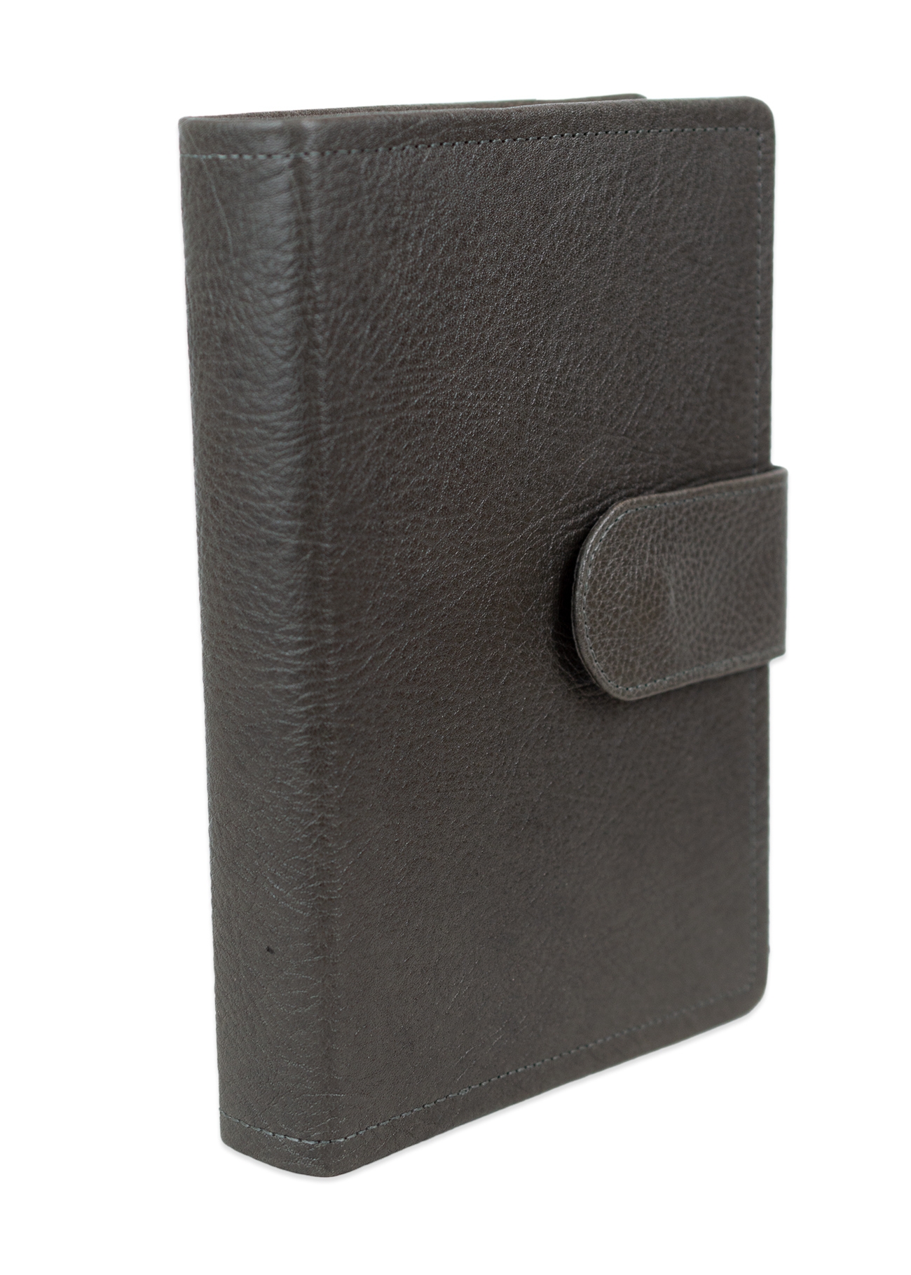 Biblia marime medie, gri închis, piele, inchidere baretă cu capsă, margini aurii, index, cuv. lui Isus cu rosu [MAR 057 PBI]