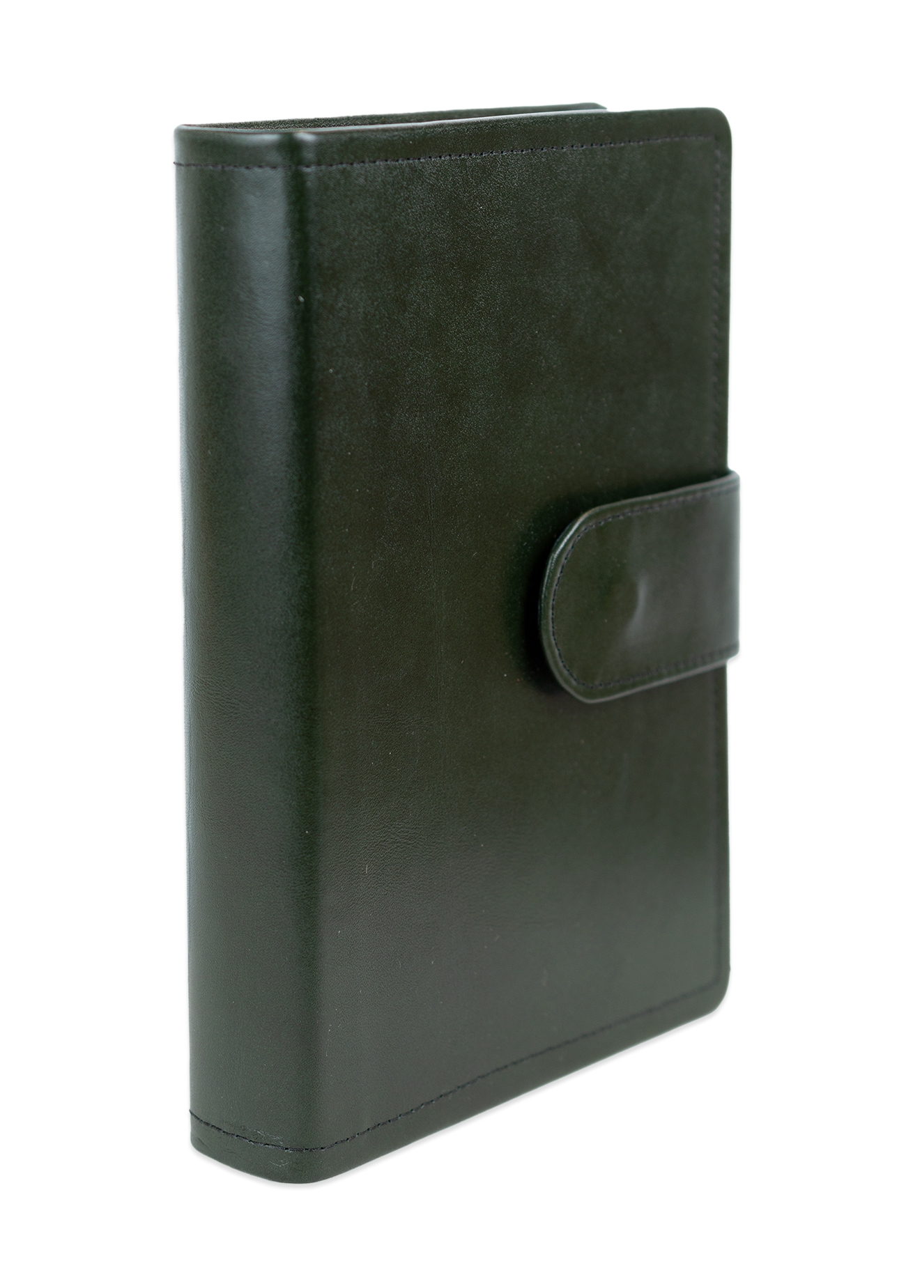 Biblia marime medie, verde închis, piele, inchidere baretă cu capsă, margini aurii, index, cuv. lui Isus cu rosu [MAR 057 PBI]